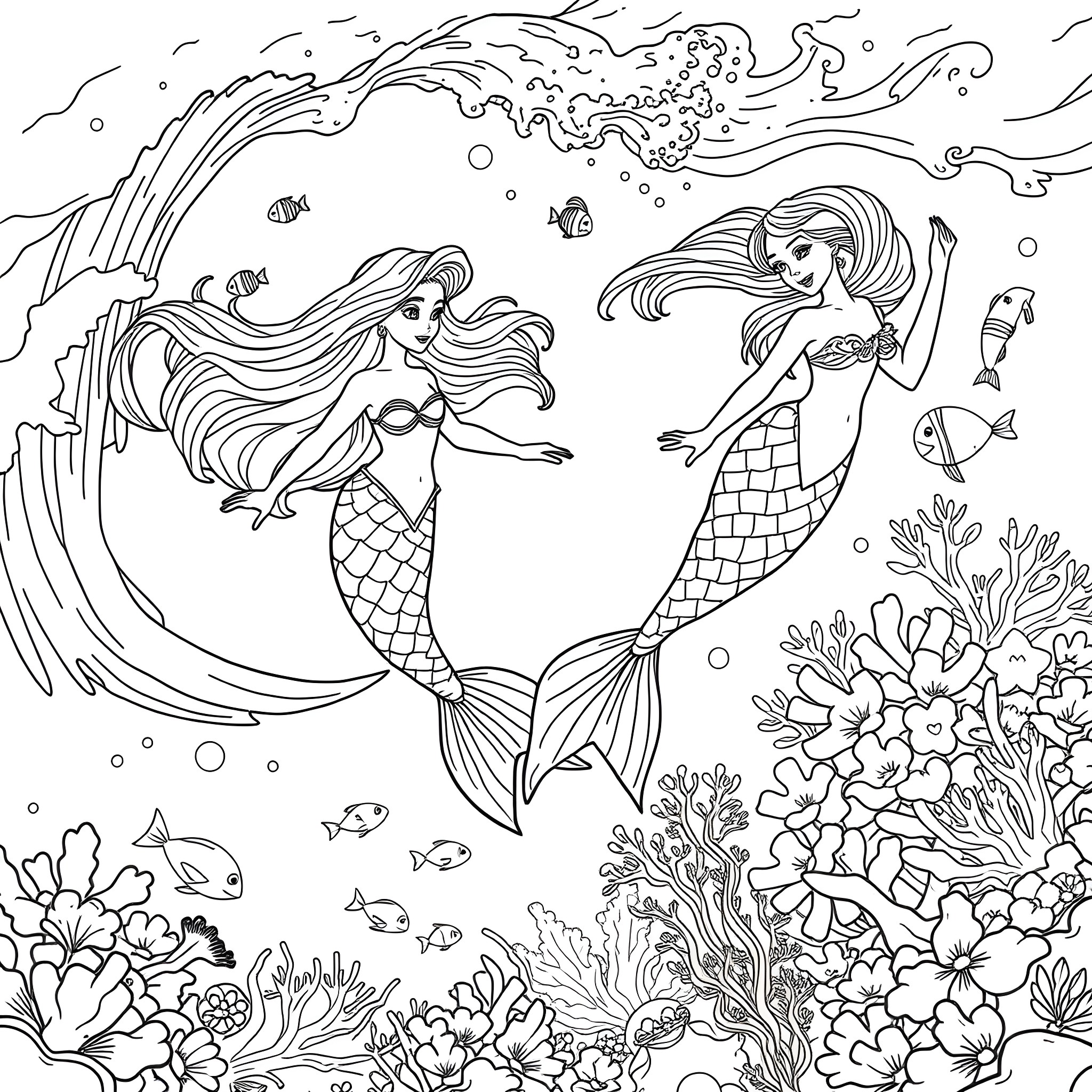 Mermaid Beauties Exploring Underwater Ocean Wonders Coloring Page (free black-and-white line drawing printable PDF for all, from beginners to advanced learners, including children, teens, adults, and seniors)