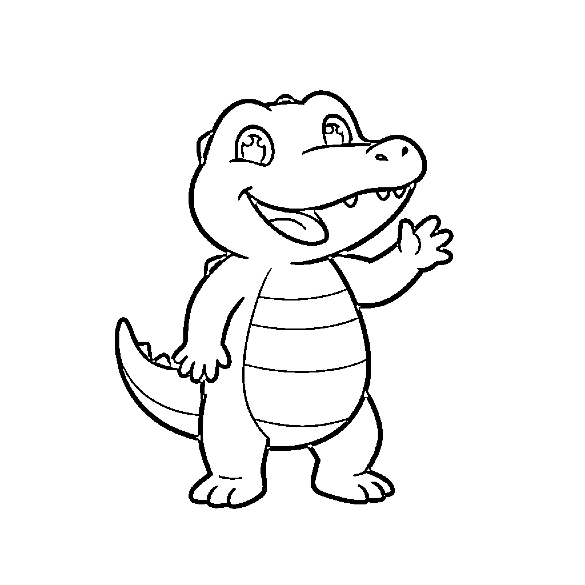 Alligator waving happily with a joyful expression Coloring Page (free black-and-white line drawing printable PDF for all, from beginners to advanced learners, including children, teens, adults, and seniors)