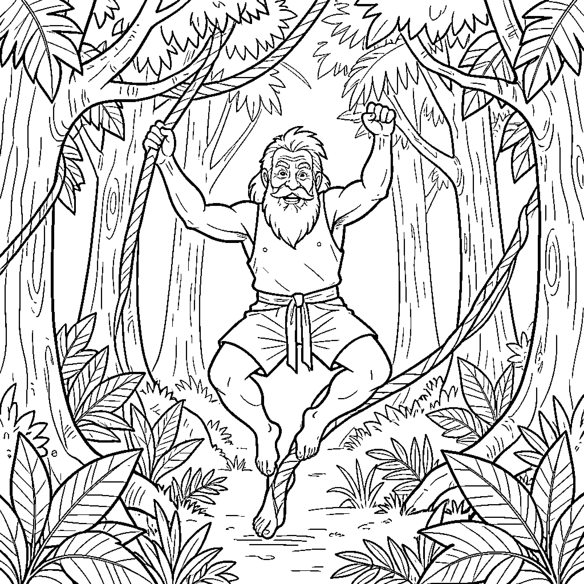 Grandfather swinging on vines through a lush jungle Coloring Page (free black-and-white line drawing printable PDF for all, from beginners to advanced learners, including children, teens, adults, and seniors)
