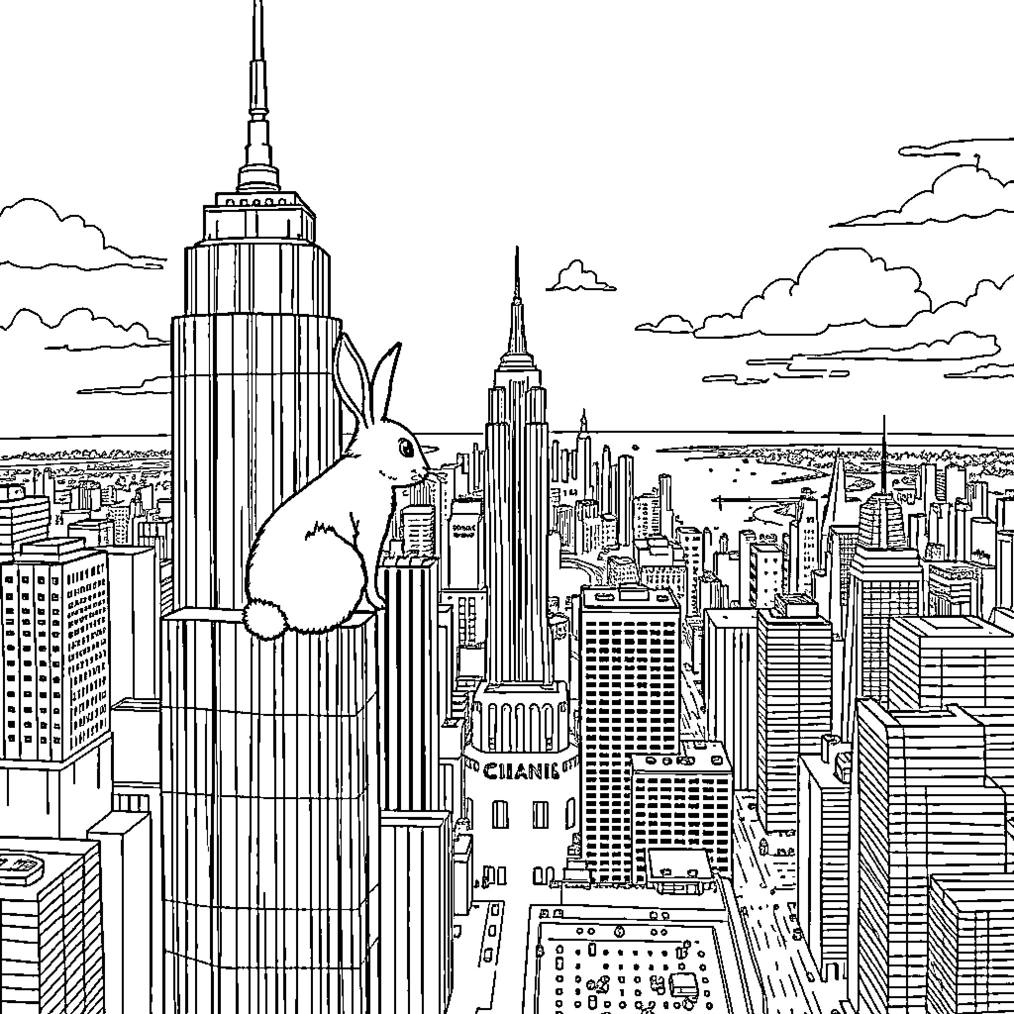 Rabbit's Cityscape Adventure Coloring Page (free black-and-white line drawing printable PDF for all, from beginners to advanced learners, including children, teens, adults, and seniors)
