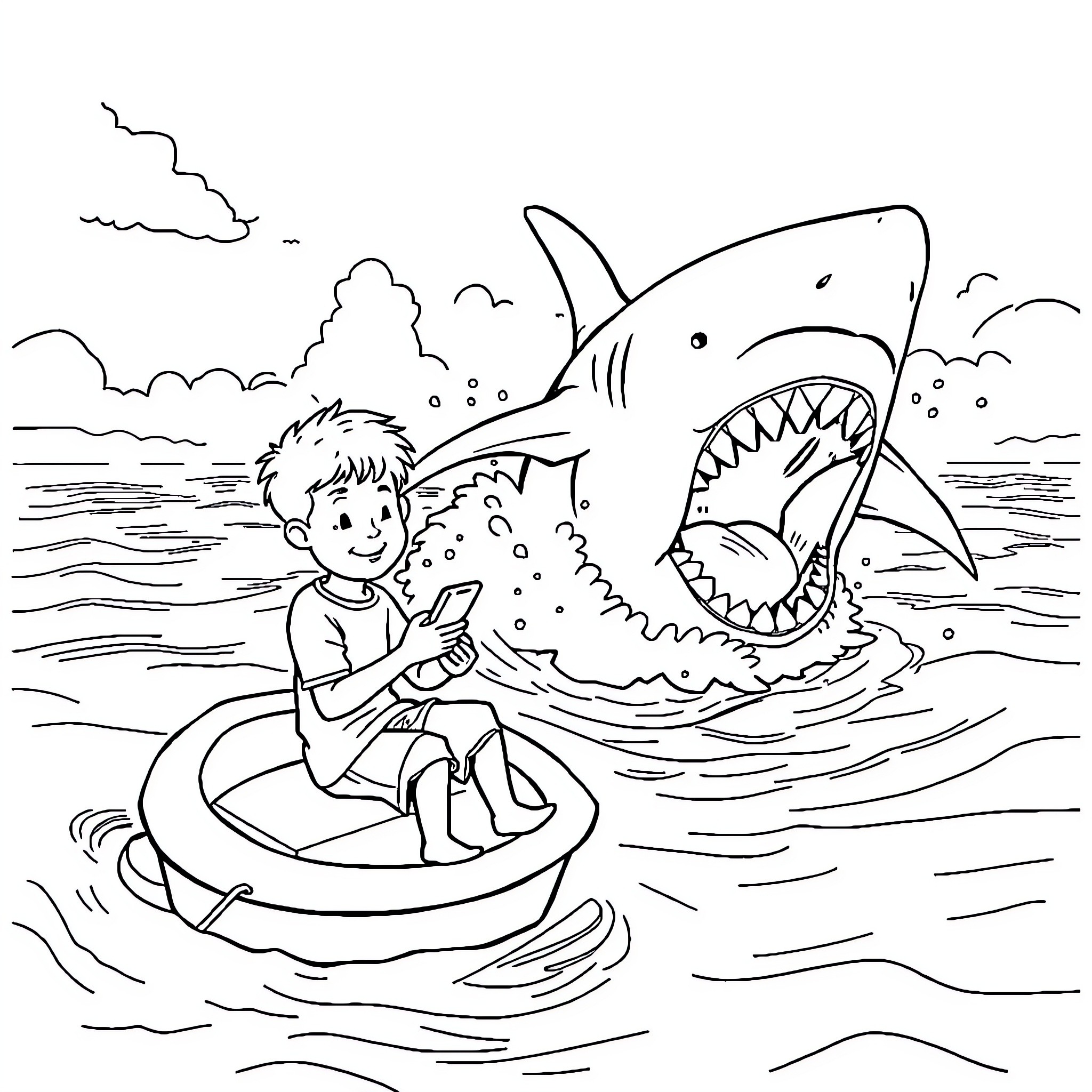 Boy enjoys playful adventure with friendly shark Coloring Page (free black-and-white line drawing printable PDF for all, from beginners to advanced learners, including children, teens, adults, and seniors)