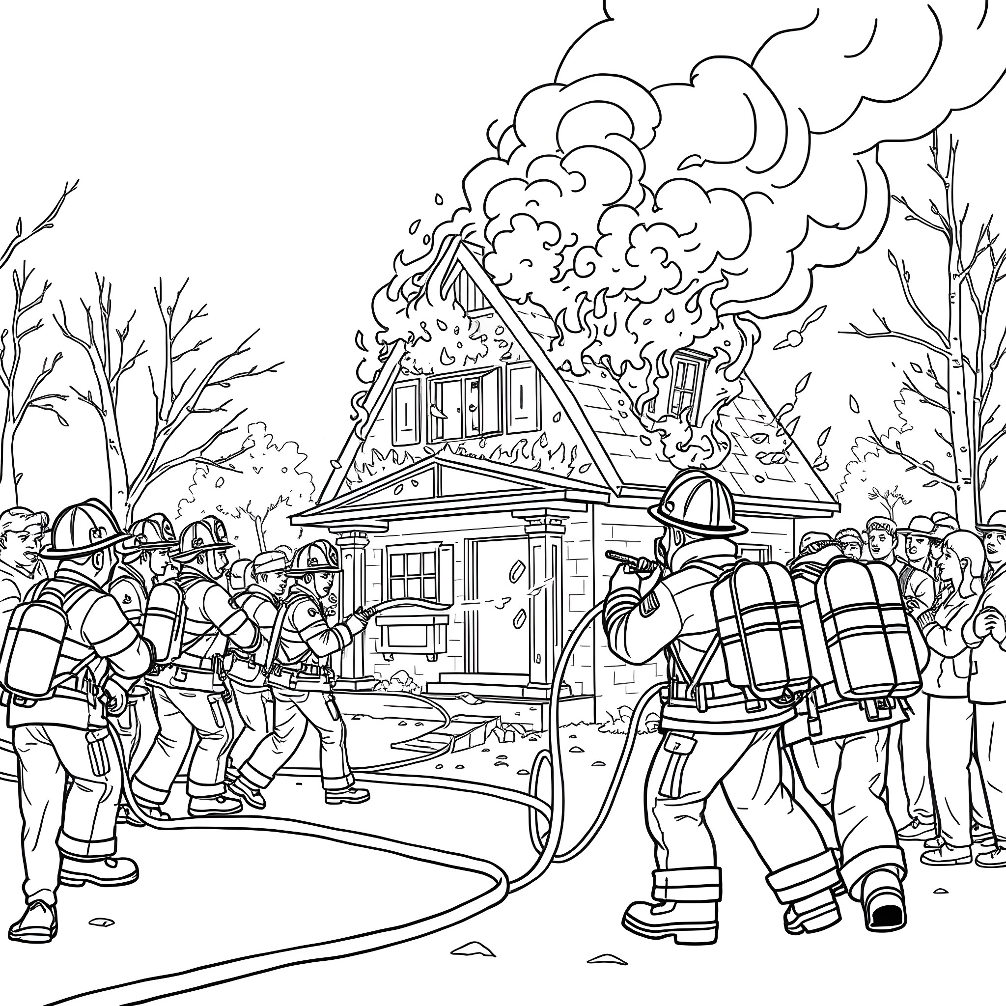 Firefighters Battling Flames at Burning House Coloring Page (free black-and-white line drawing printable PDF for all, from beginners to advanced learners, including children, teens, adults, and seniors)