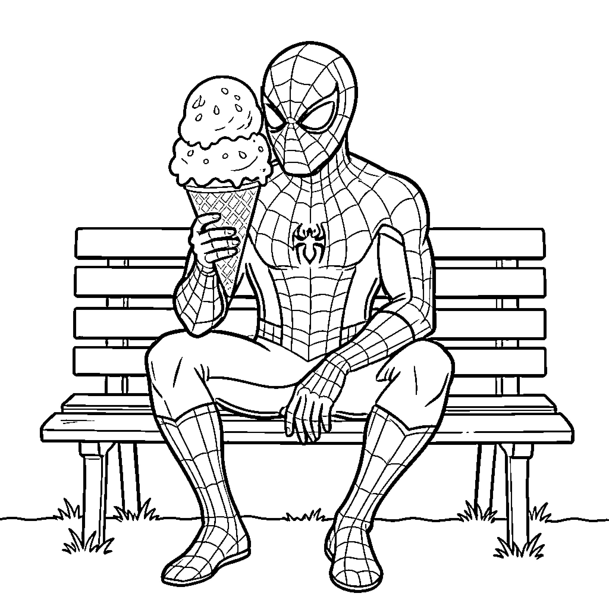 Spider-Man sitting on a bench eating ice cream Coloring Page (free black-and-white line drawing printable PDF for all, from beginners to advanced learners, including children, teens, adults, and seniors)