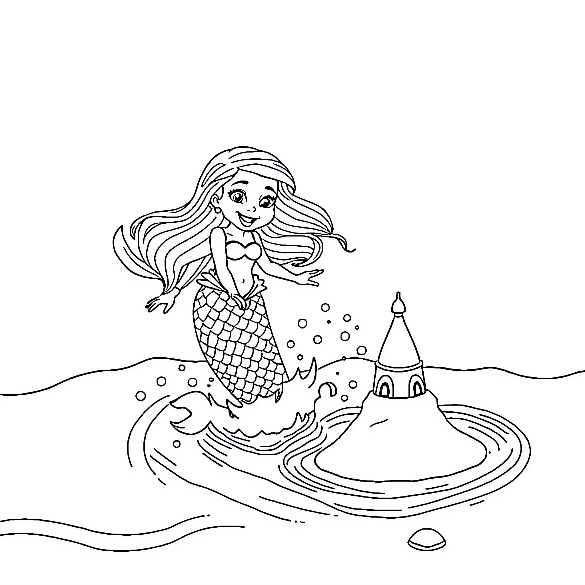 Mermaid playing with sand castle near the ocean Coloring Page (free black-and-white line drawing printable PDF for all, from beginners to advanced learners, including children, teens, adults, and seniors)