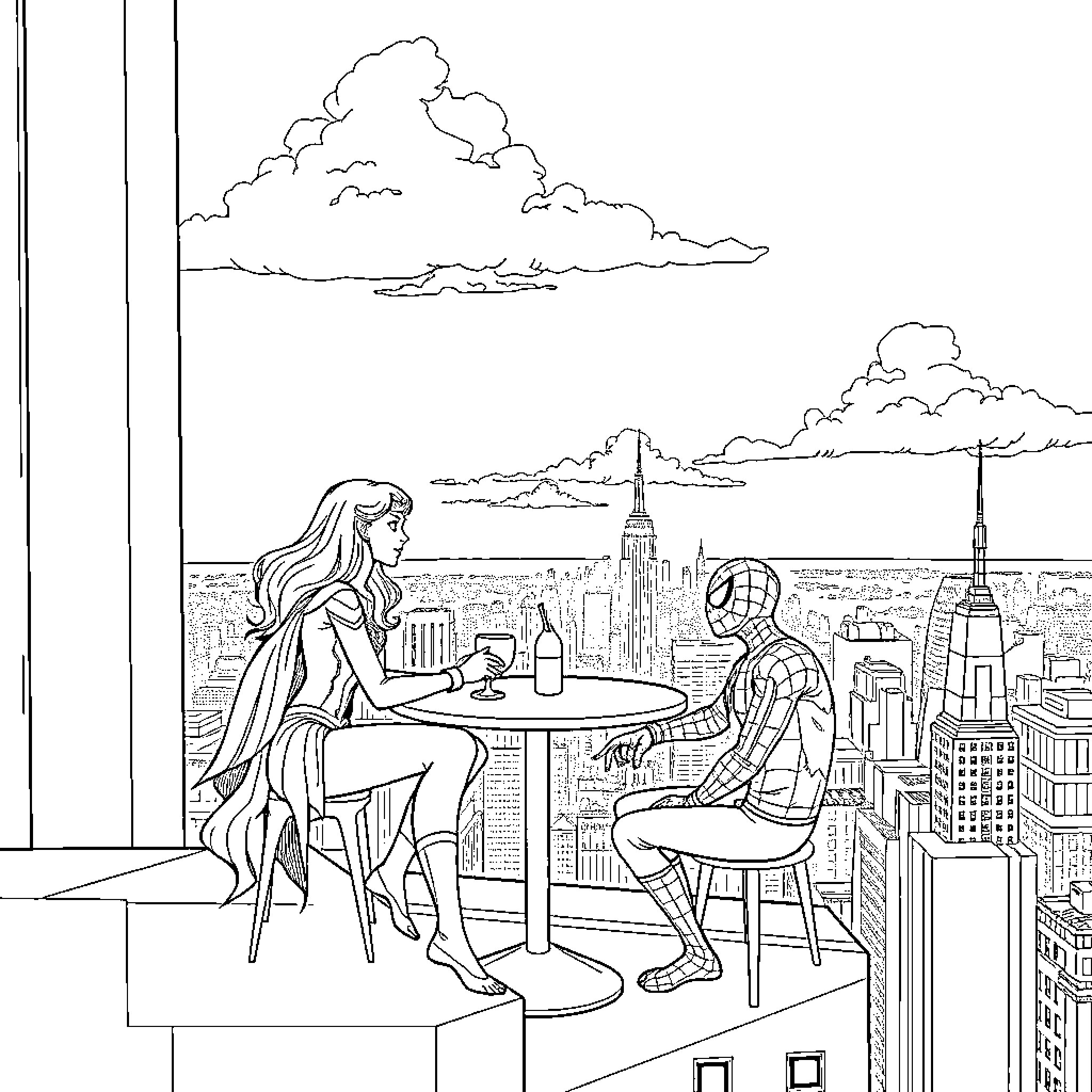 Supergirl and Spider-Man sitting at a rooftop table Coloring Page (free black-and-white line drawing printable PDF for all, from beginners to advanced learners, including children, teens, adults, and seniors)