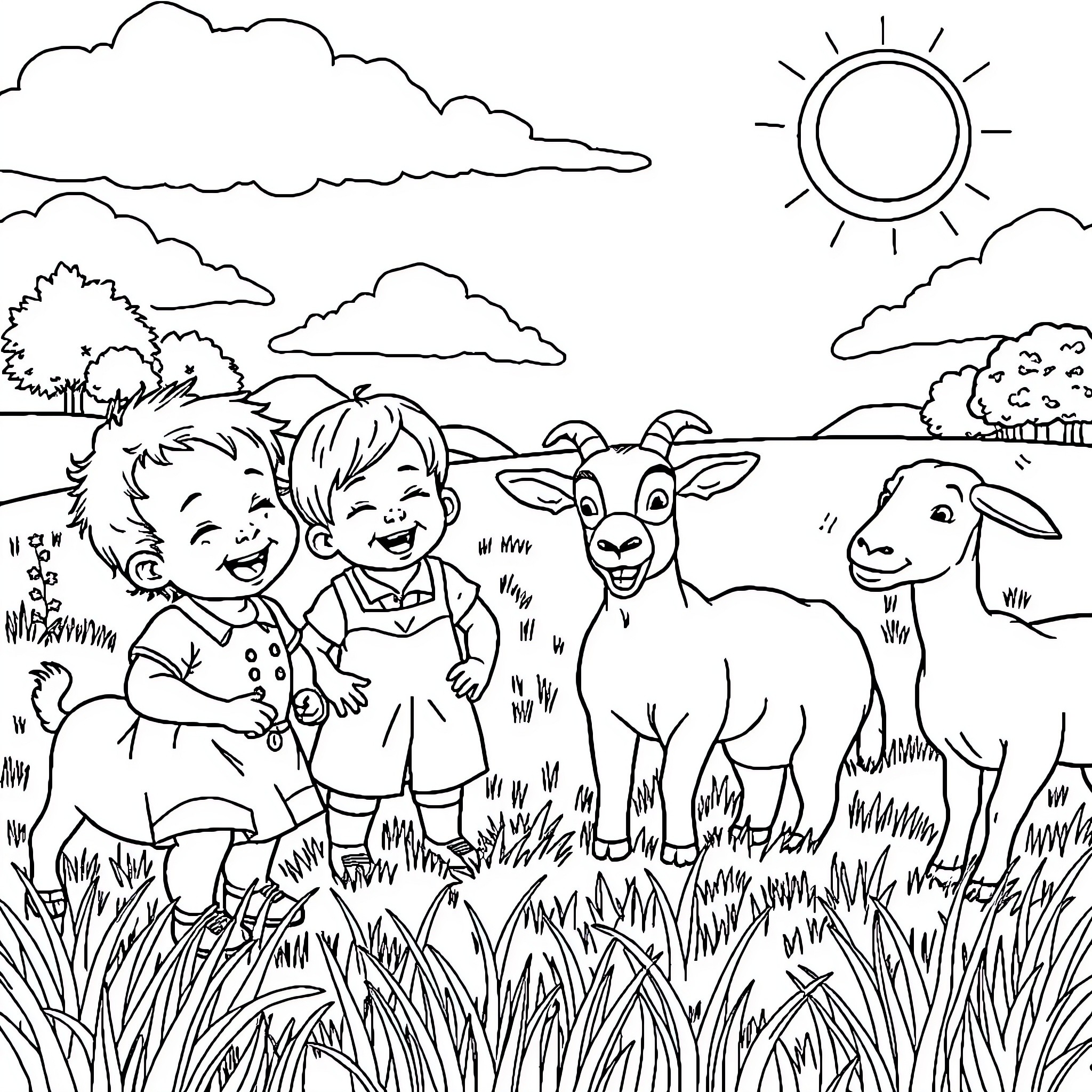 Toddlers playing happily with farm animals in the field Coloring Page (free black-and-white line drawing printable PDF for all, from beginners to advanced learners, including children, teens, adults, and seniors)