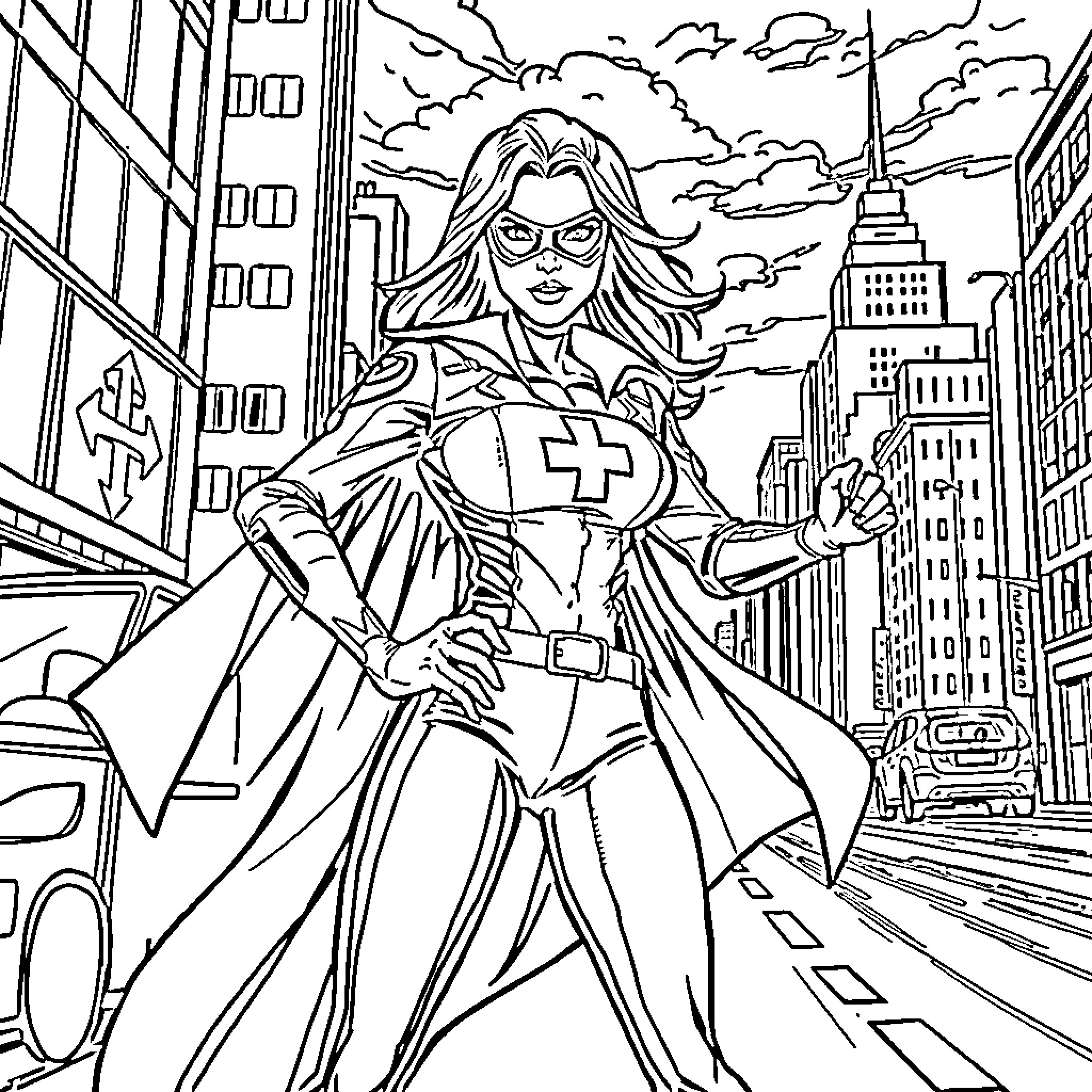 Woman in heroic pose against city skyline Coloring Page (free black-and-white line drawing printable PDF for all, from beginners to advanced learners, including children, teens, adults, and seniors)
