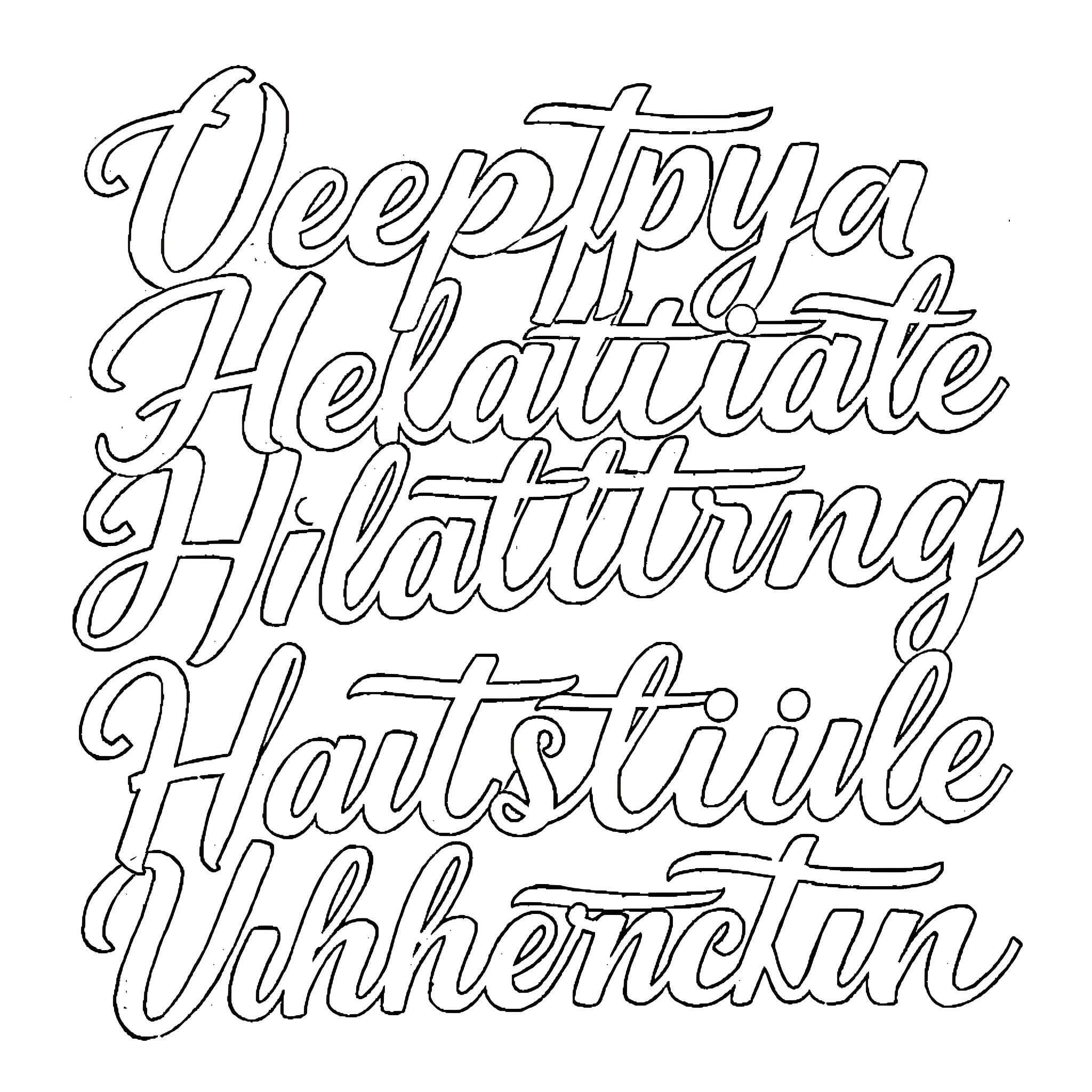 Cursive Letter Decorative Handwritten Typography Coloring Page (free black-and-white line drawing printable PDF for all, from beginners to advanced learners, including children, teens, adults, and seniors)