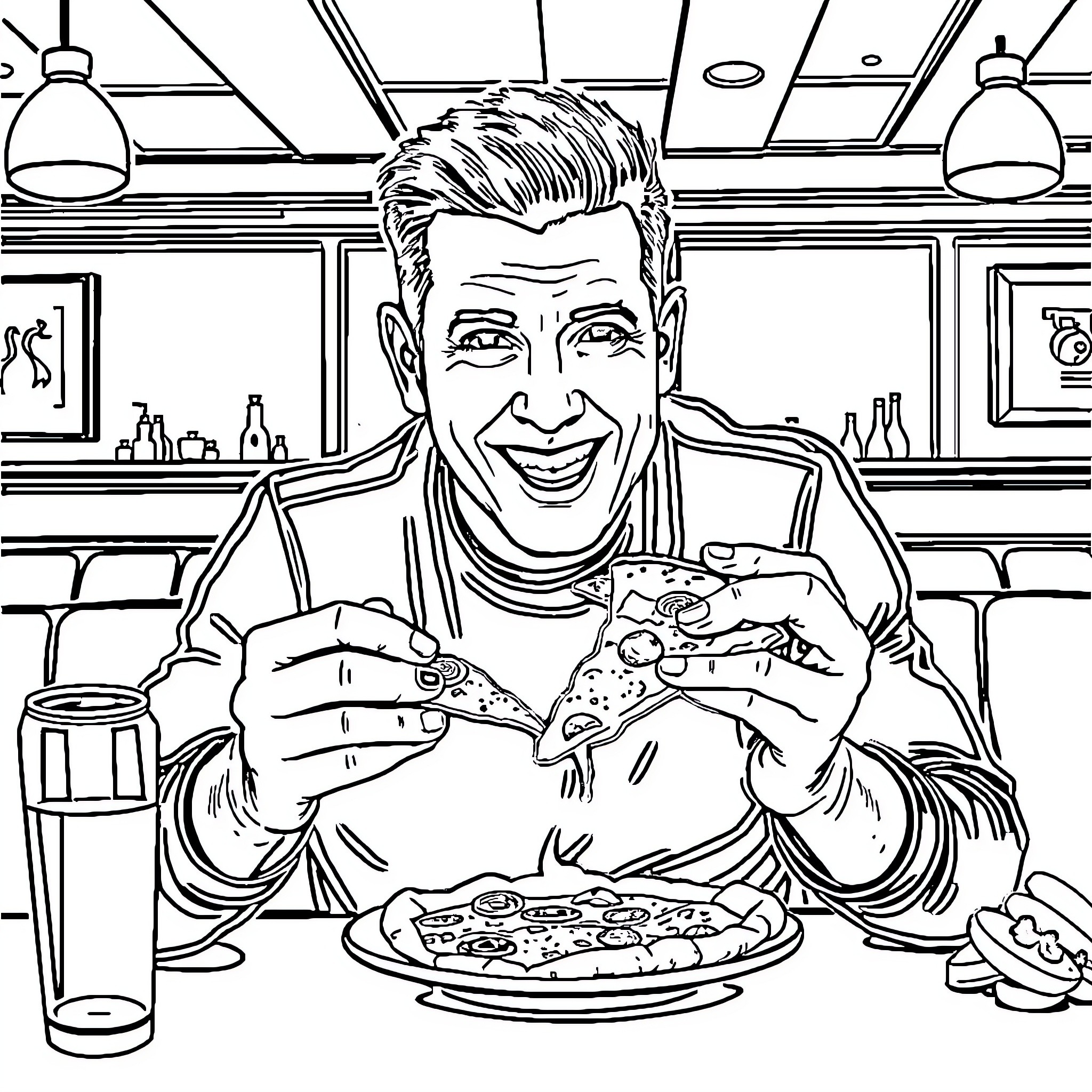 Robbie Williams enjoying a pizza in a diner Coloring Page (free black-and-white line drawing printable PDF for all, from beginners to advanced learners, including children, teens, adults, and seniors)