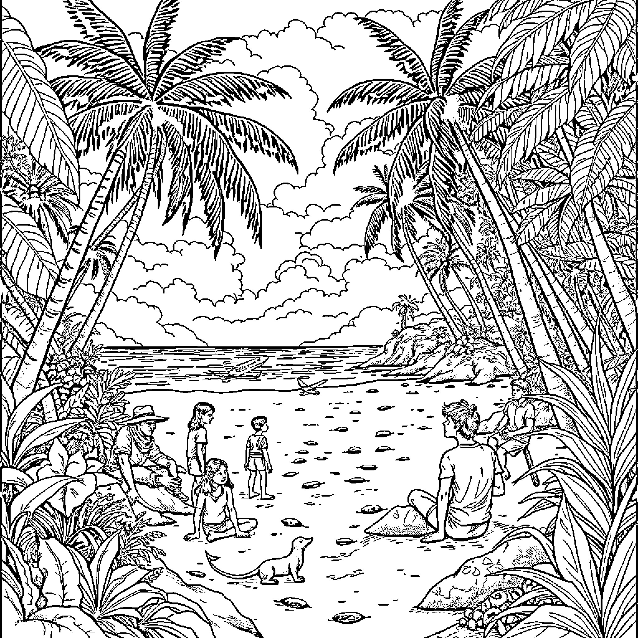 Lord of the Flies - Tribal Gathering on a Tropical Island Coloring Page (free black-and-white line drawing printable PDF for all, from beginners to advanced learners, including children, teens, adults, and seniors)