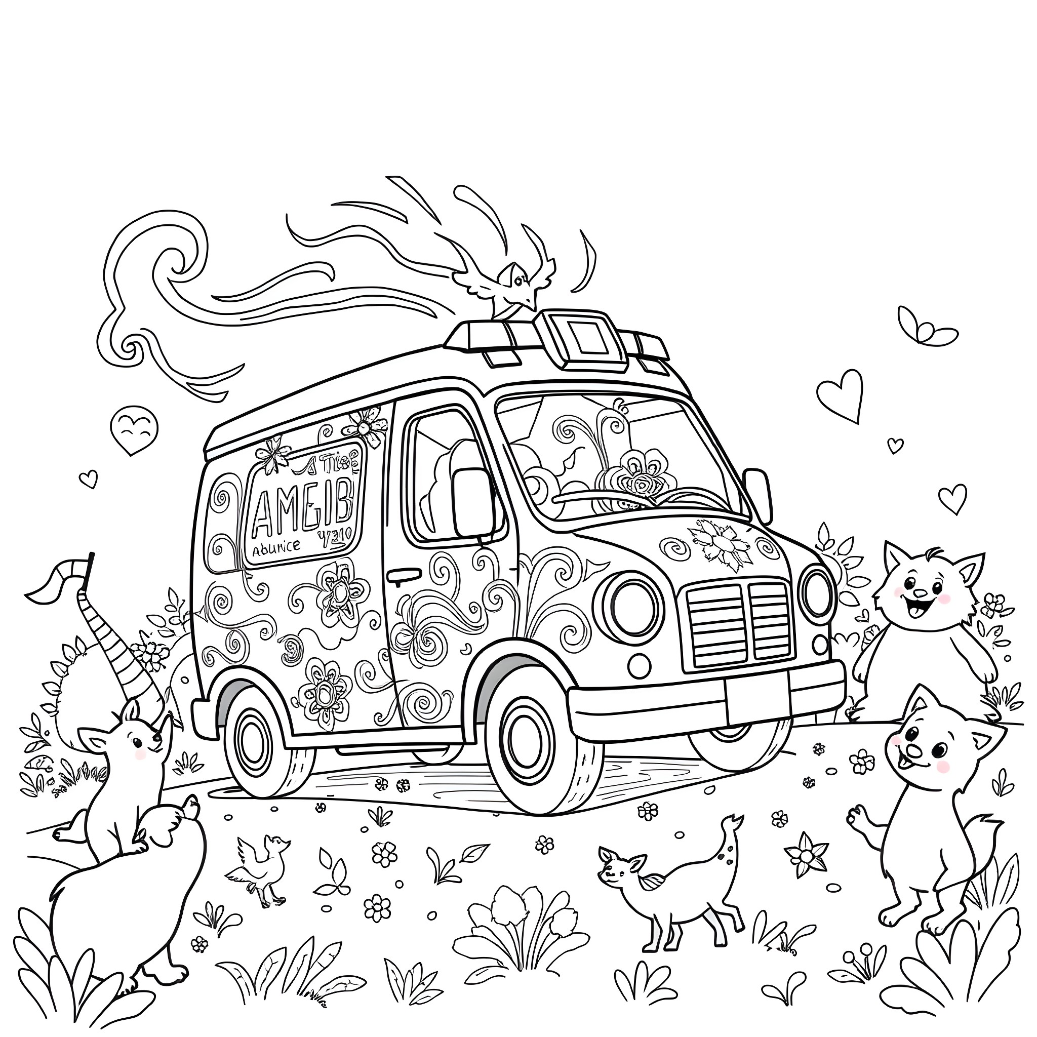 Ambulance vehicle with friendly forest animals Coloring Page (free black-and-white line drawing printable PDF for all, from beginners to advanced learners, including children, teens, adults, and seniors)
