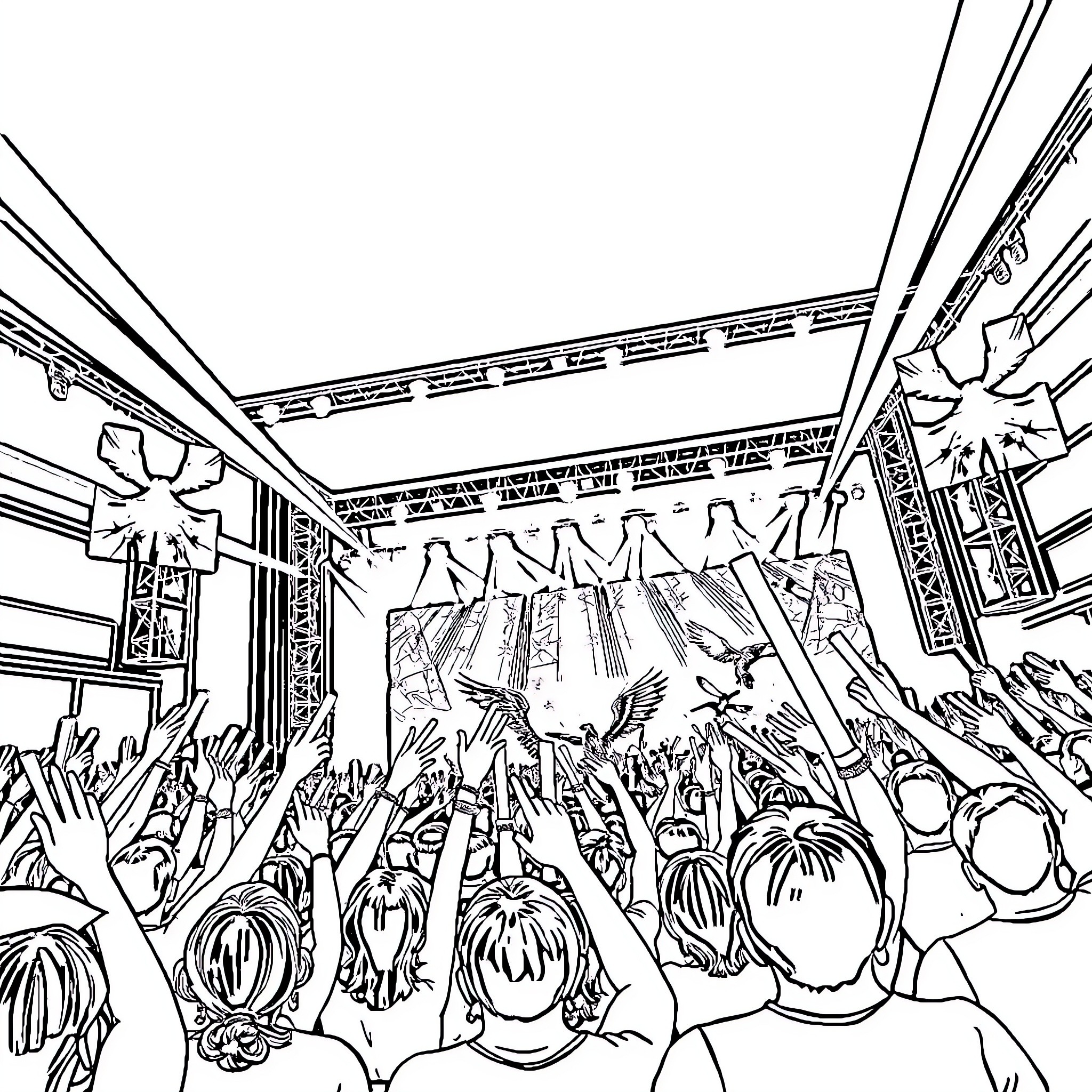 BTS Performers Entertaining Energetic Crowd on Stage Coloring Page (free black-and-white line drawing printable PDF for all, from beginners to advanced learners, including children, teens, adults, and seniors)
