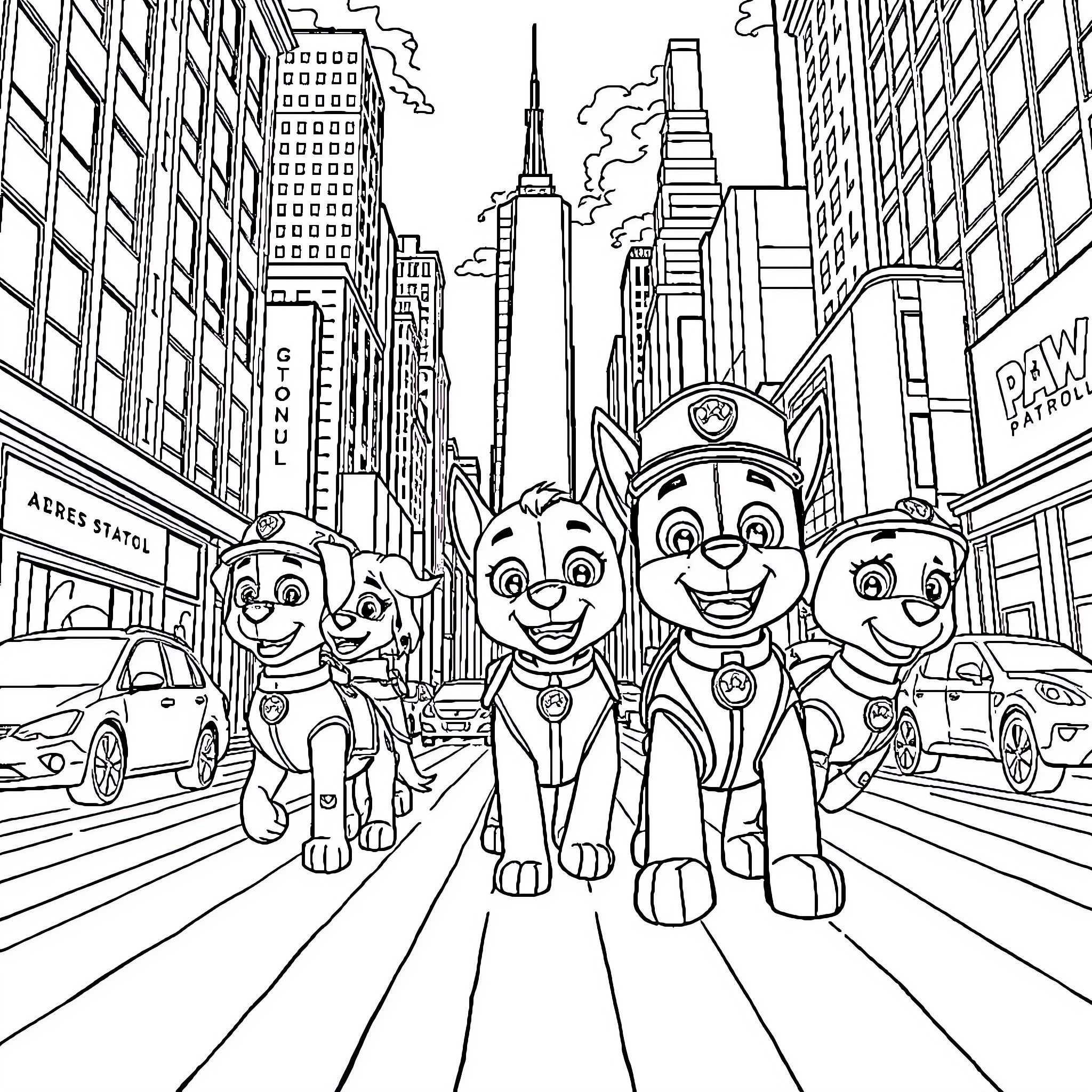 Paw Patrol Heroic Pups Explore the City Coloring Page (free black-and-white line drawing printable PDF for all, from beginners to advanced learners, including children, teens, adults, and seniors)