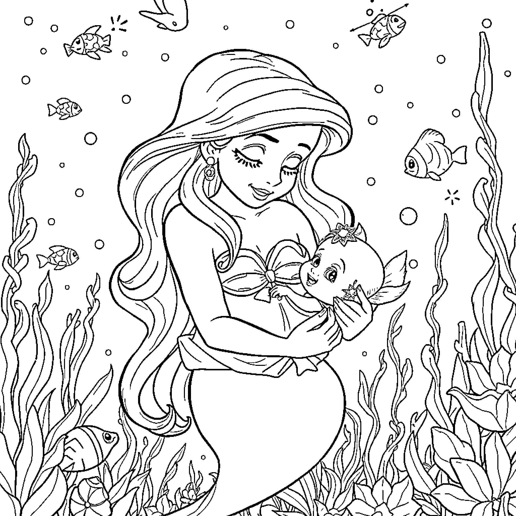 Ariel embracing baby mermaid in underwater paradise Coloring Page (free black-and-white line drawing printable PDF for all, from beginners to advanced learners, including children, teens, adults, and seniors)