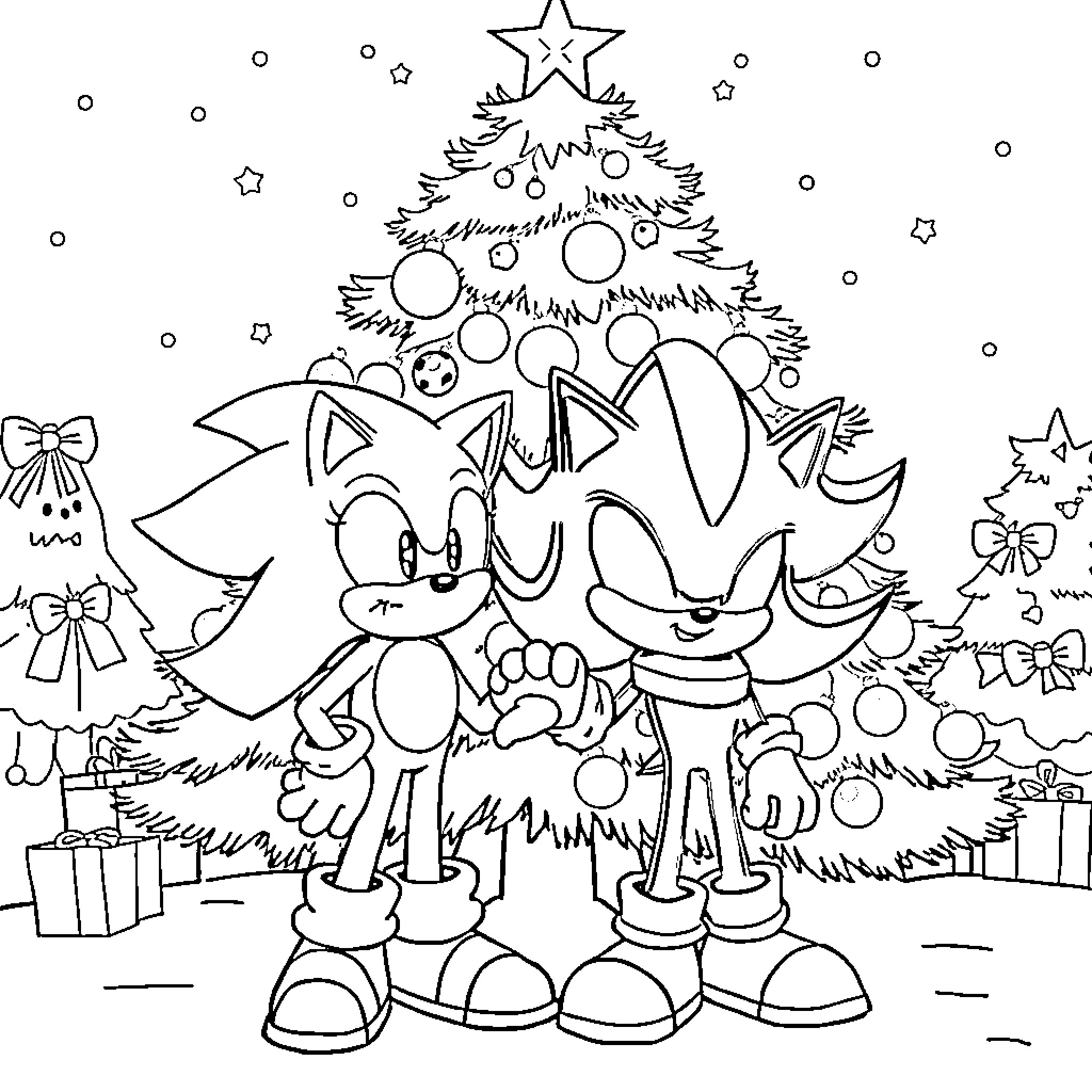 Sonic characters celebrate Christmas with a tree Coloring Page (free black-and-white line drawing printable PDF for all, from beginners to advanced learners, including children, teens, adults, and seniors)