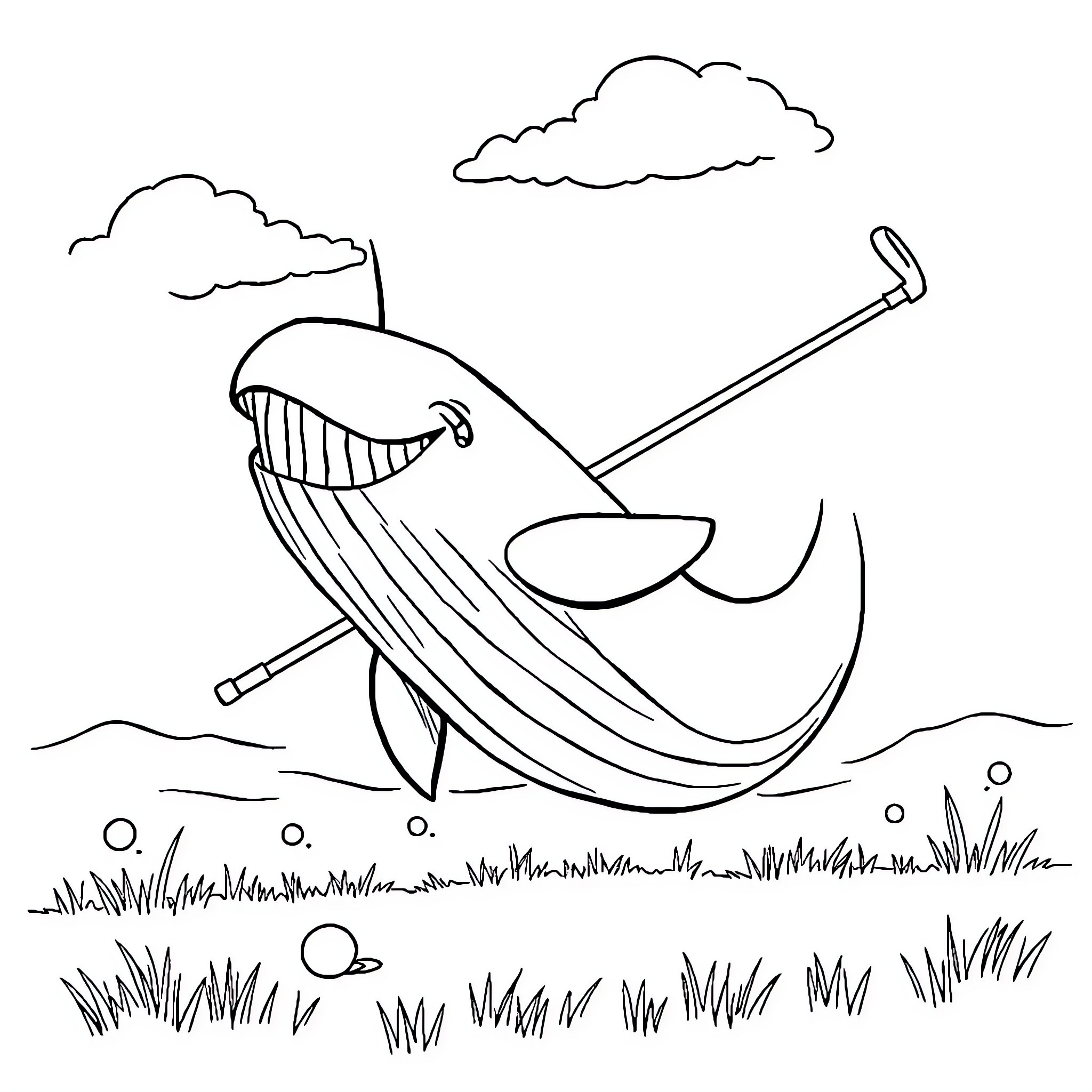 Whale playing happily in the clouds Coloring Page (free black-and-white line drawing printable PDF for all, from beginners to advanced learners, including children, teens, adults, and seniors)