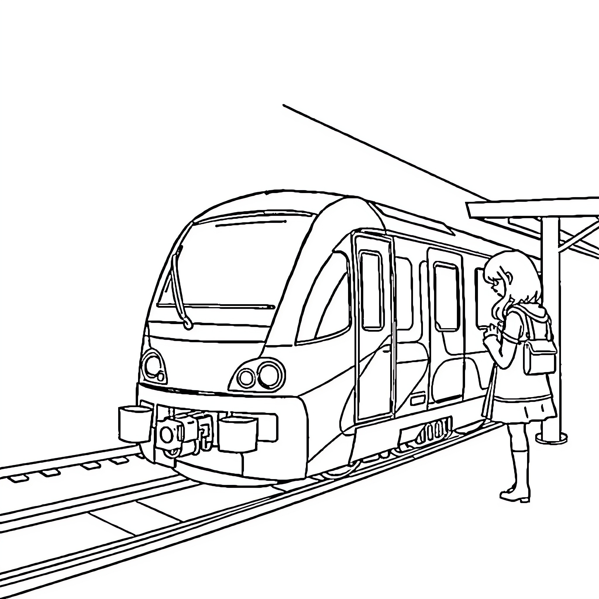Train arriving at station with passenger Coloring Page (free black-and-white line drawing printable PDF for all, from beginners to advanced learners, including children, teens, adults, and seniors)