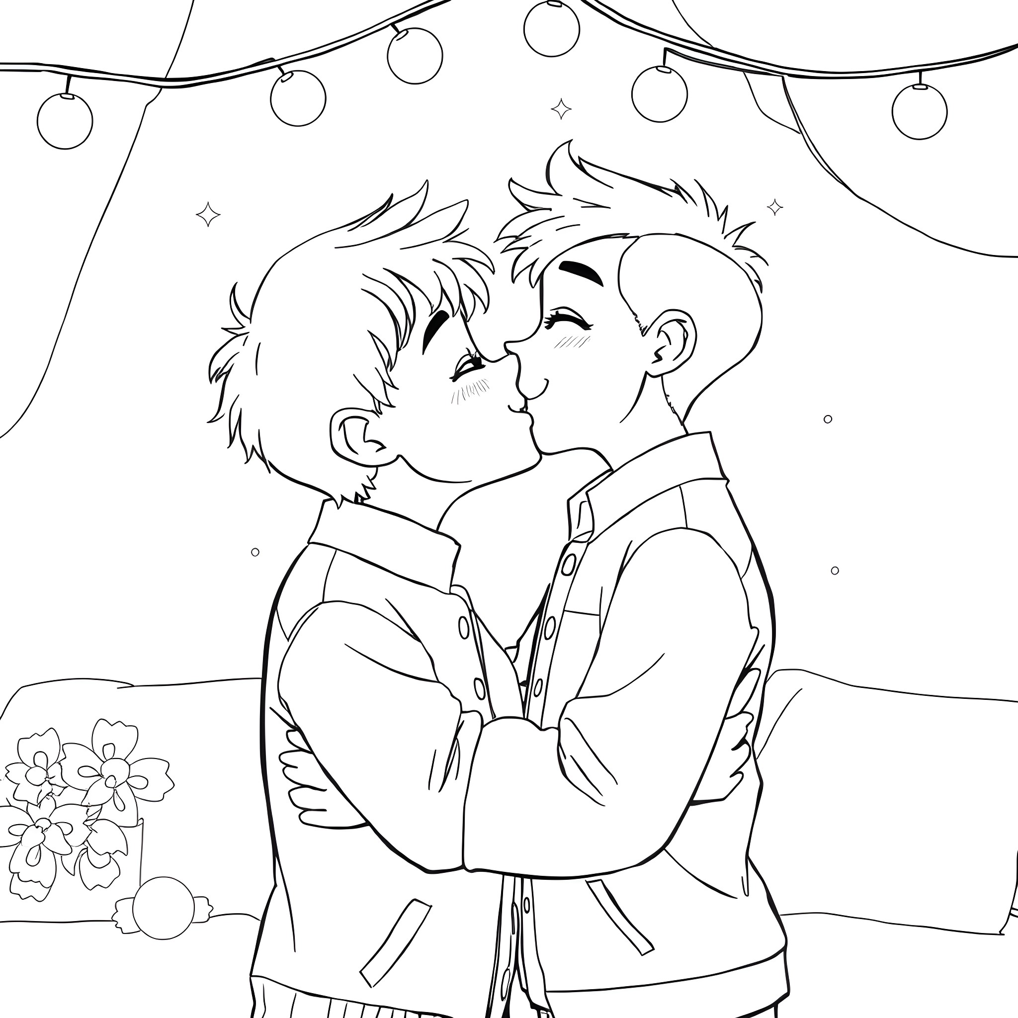 Bang Chan's romantic night with a lover under the stars Coloring Page (free black-and-white line drawing printable PDF for all, from beginners to advanced learners, including children, teens, adults, and seniors)