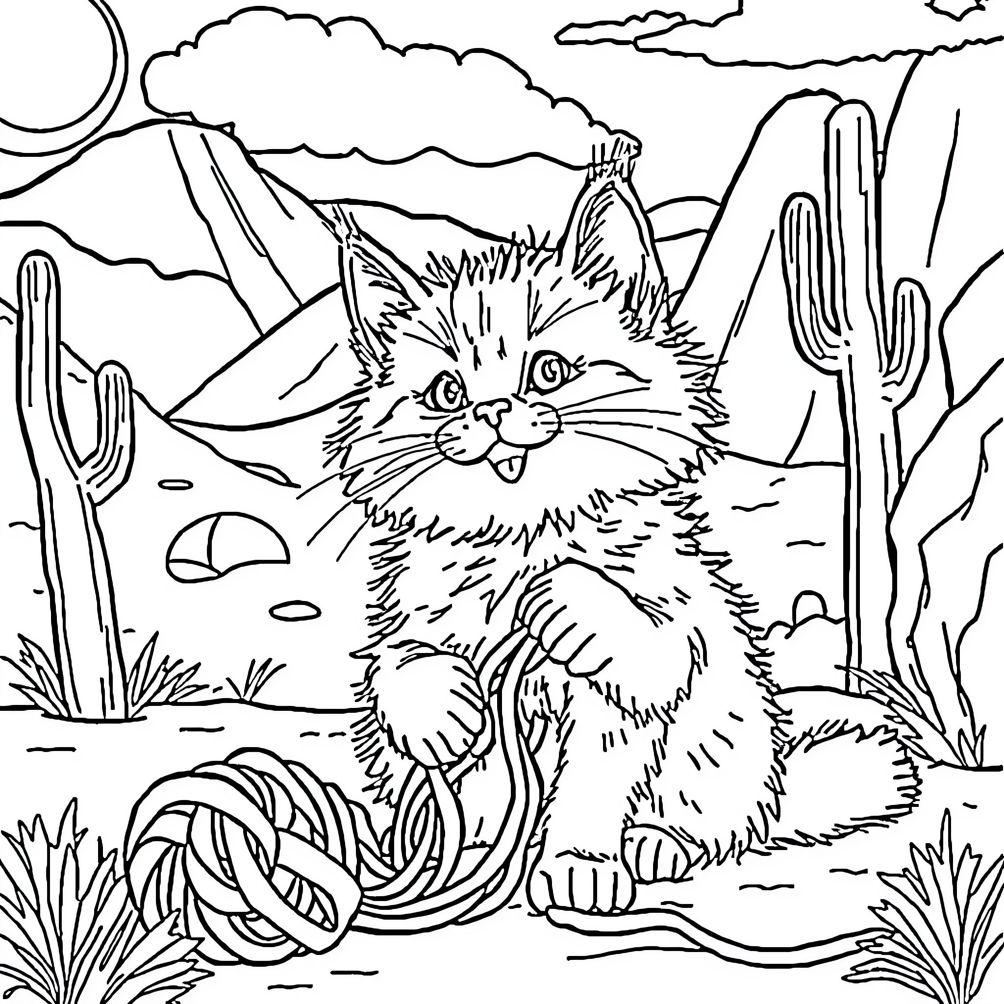 Cat Exploring the Desert Landscape Coloring Page (free black-and-white line drawing printable PDF for all, from beginners to advanced learners, including children, teens, adults, and seniors)