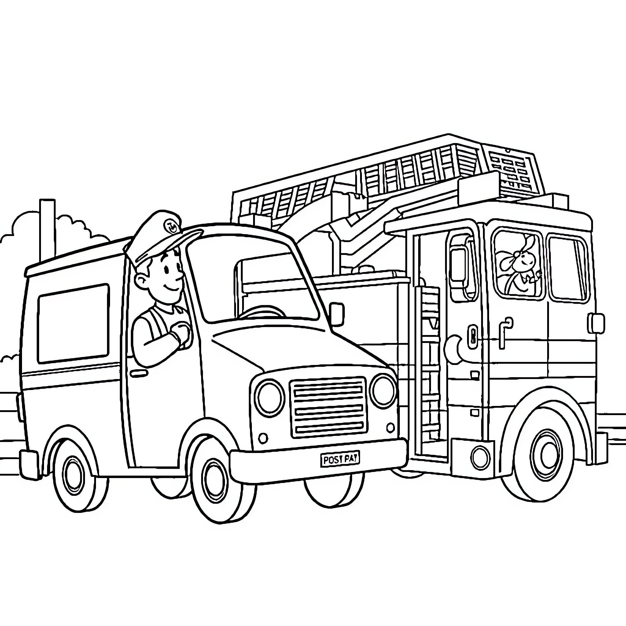 Postman Pat's Cheerful Postal Delivery Coloring Page (free black-and-white line drawing printable PDF for all, from beginners to advanced learners, including children, teens, adults, and seniors)