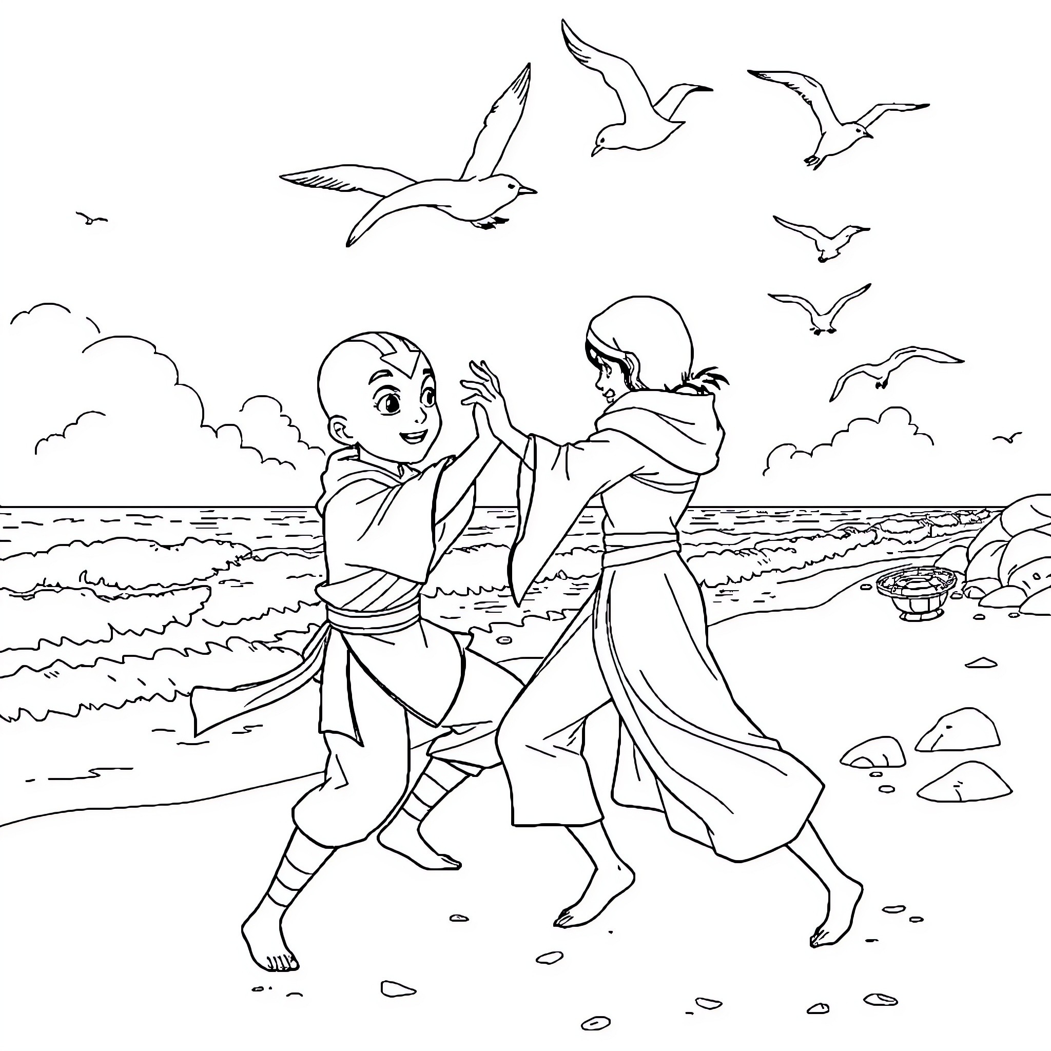 Avatar characters enjoying a joyful dance on the beach Coloring Page (free black-and-white line drawing printable PDF for all, from beginners to advanced learners, including children, teens, adults, and seniors)