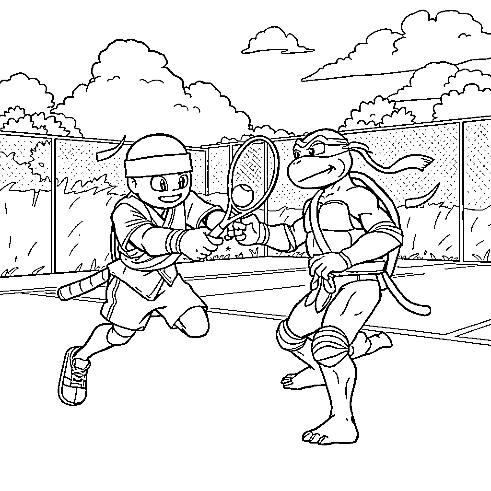 Sprinter Sensei engaging in training with determined student Coloring Page (free black-and-white line drawing printable PDF for all, from beginners to advanced learners, including children, teens, adults, and seniors)