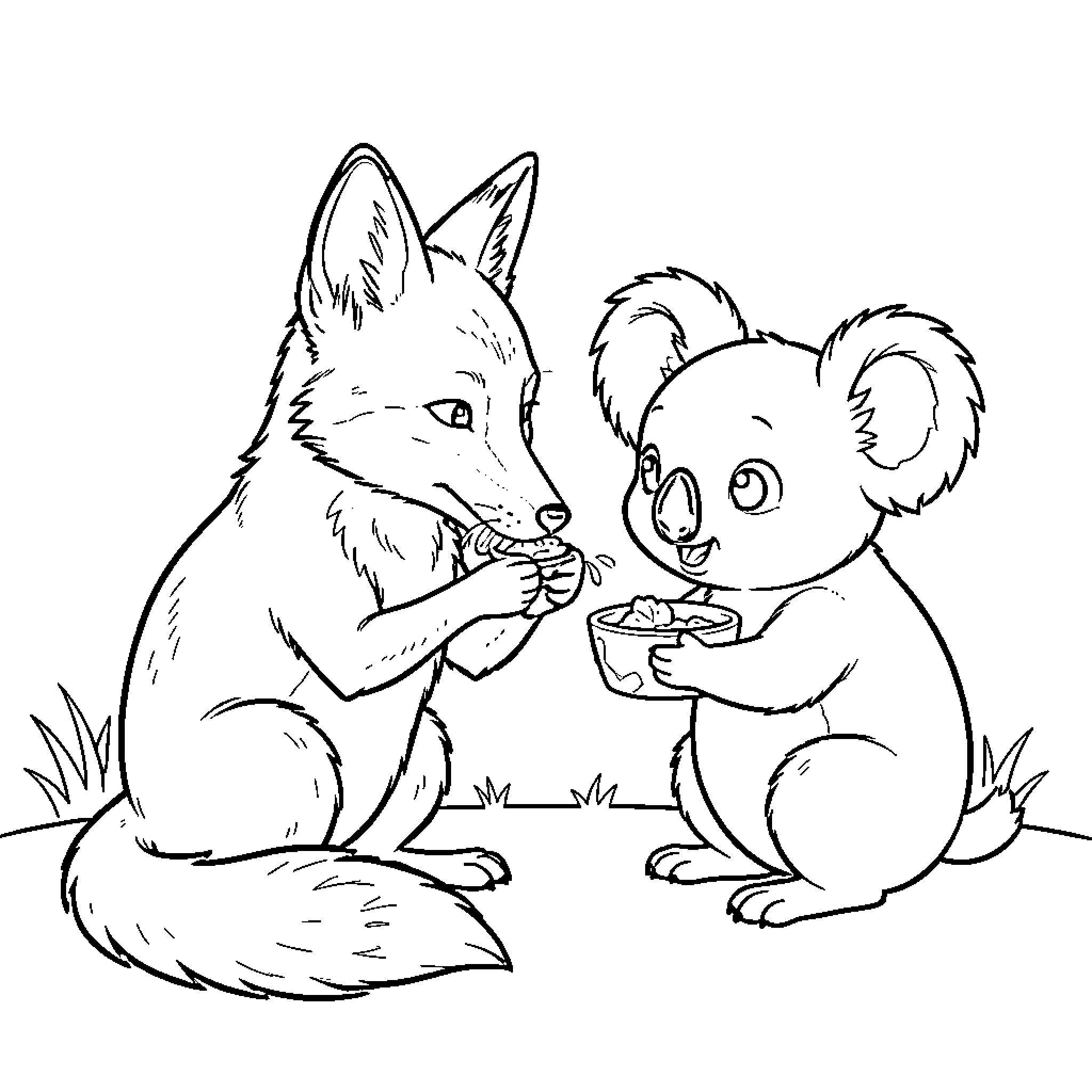 Fox sharing food with curious koala Coloring Page (free black-and-white line drawing printable PDF for all, from beginners to advanced learners, including children, teens, adults, and seniors)