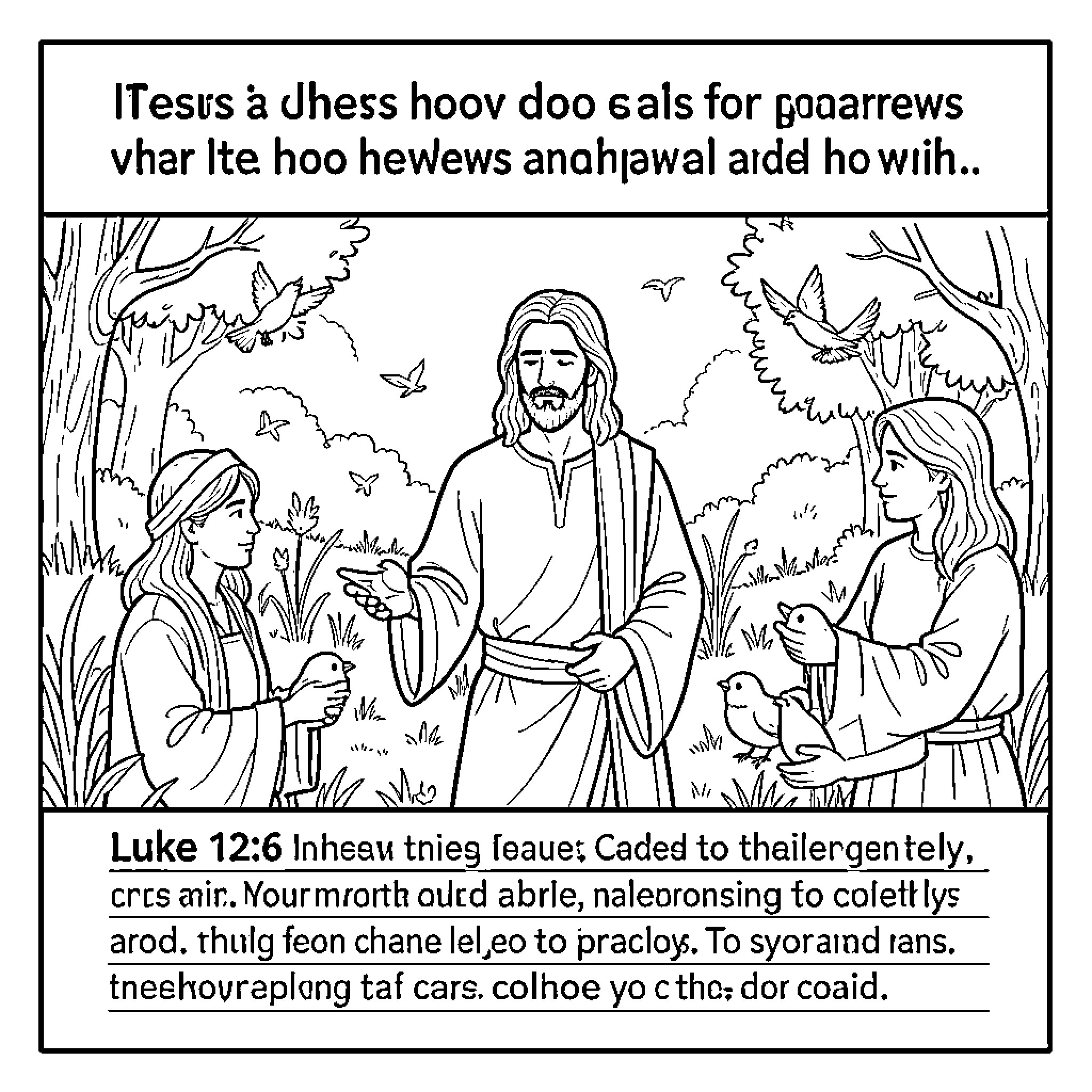 Bible scene of Jesus teaching people among birds Coloring Page (free black-and-white line drawing printable PDF for all, from beginners to advanced learners, including children, teens, adults, and seniors)