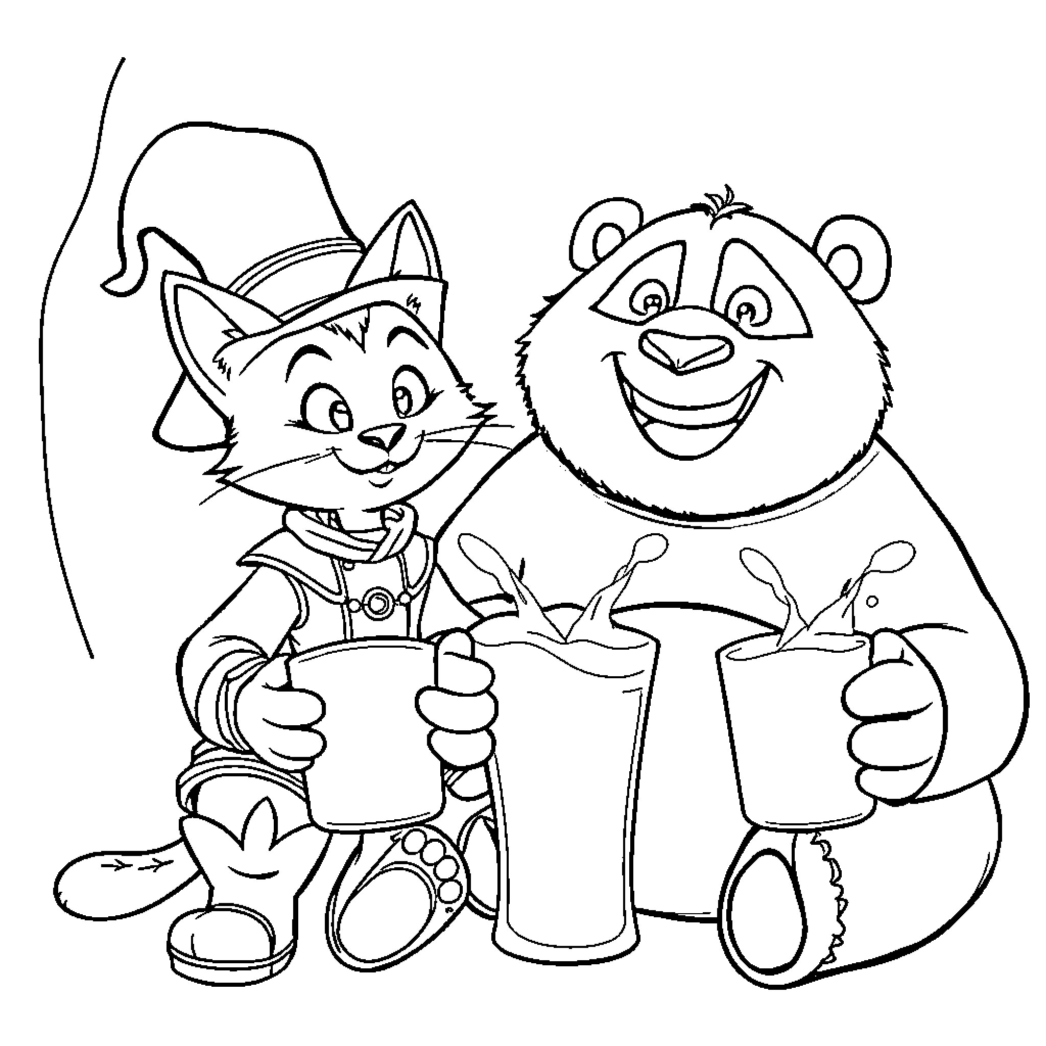 Puss in Boots and Friend Enjoying Drinks Coloring Page (free black-and-white line drawing printable PDF for all, from beginners to advanced learners, including children, teens, adults, and seniors)