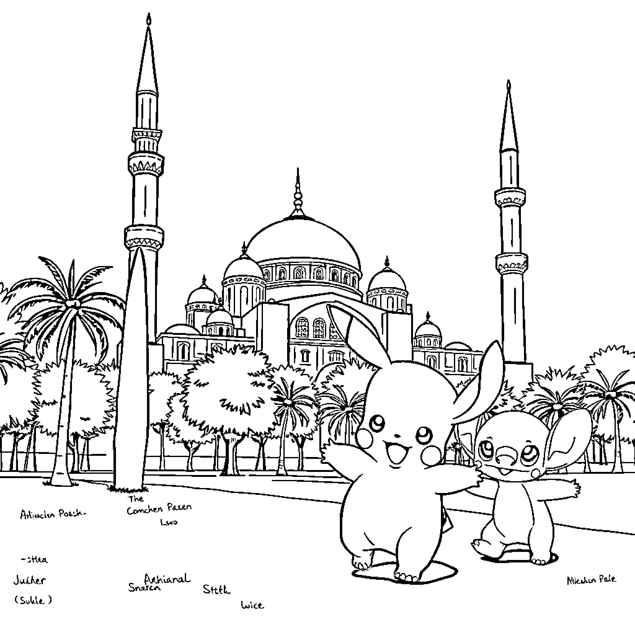 Pikachu exploring a vibrant cityscape with mosques Coloring Page (free black-and-white line drawing printable PDF for all, from beginners to advanced learners, including children, teens, adults, and seniors)