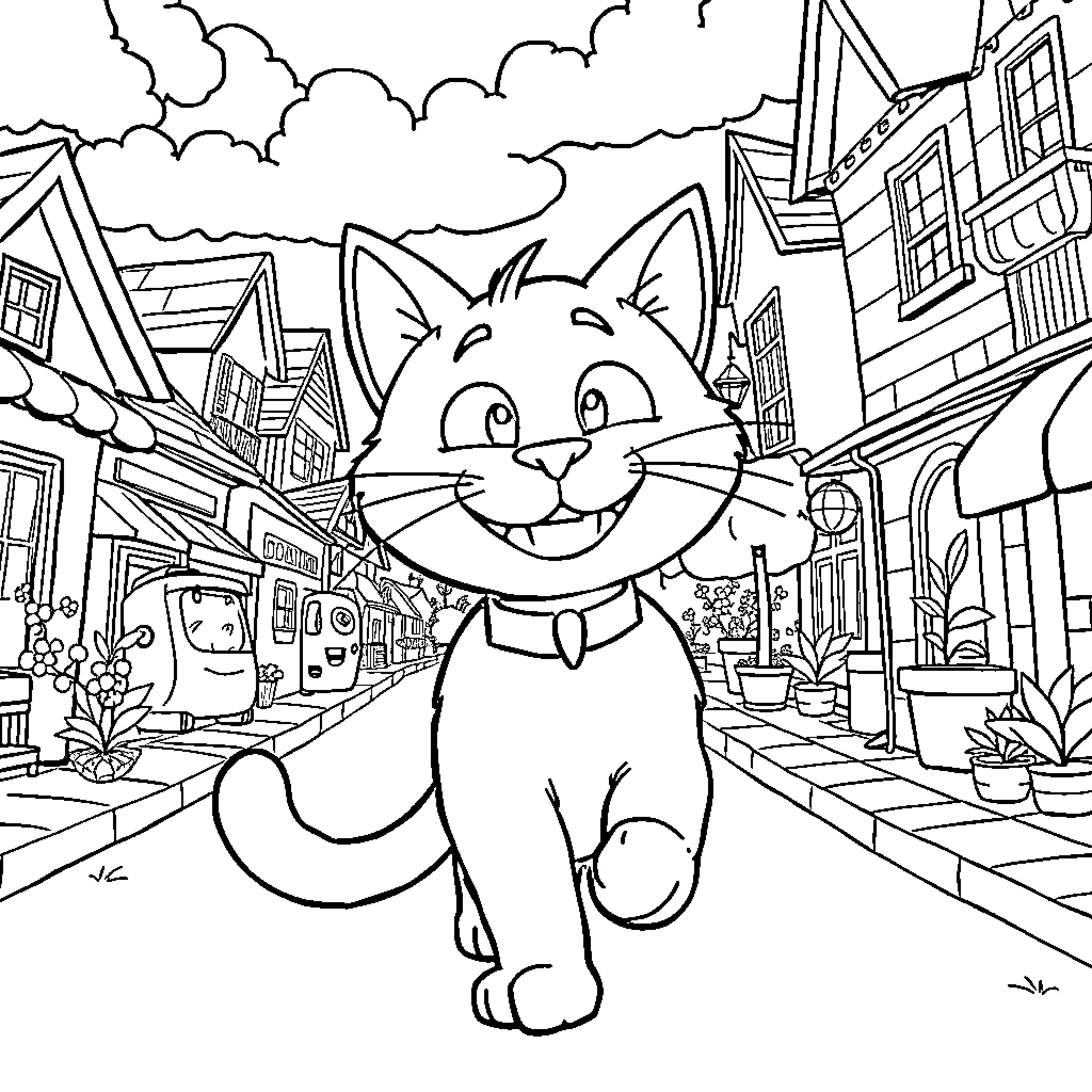 Gumball exploring a lively city scene Coloring Page (free black-and-white line drawing printable PDF for all, from beginners to advanced learners, including children, teens, adults, and seniors)