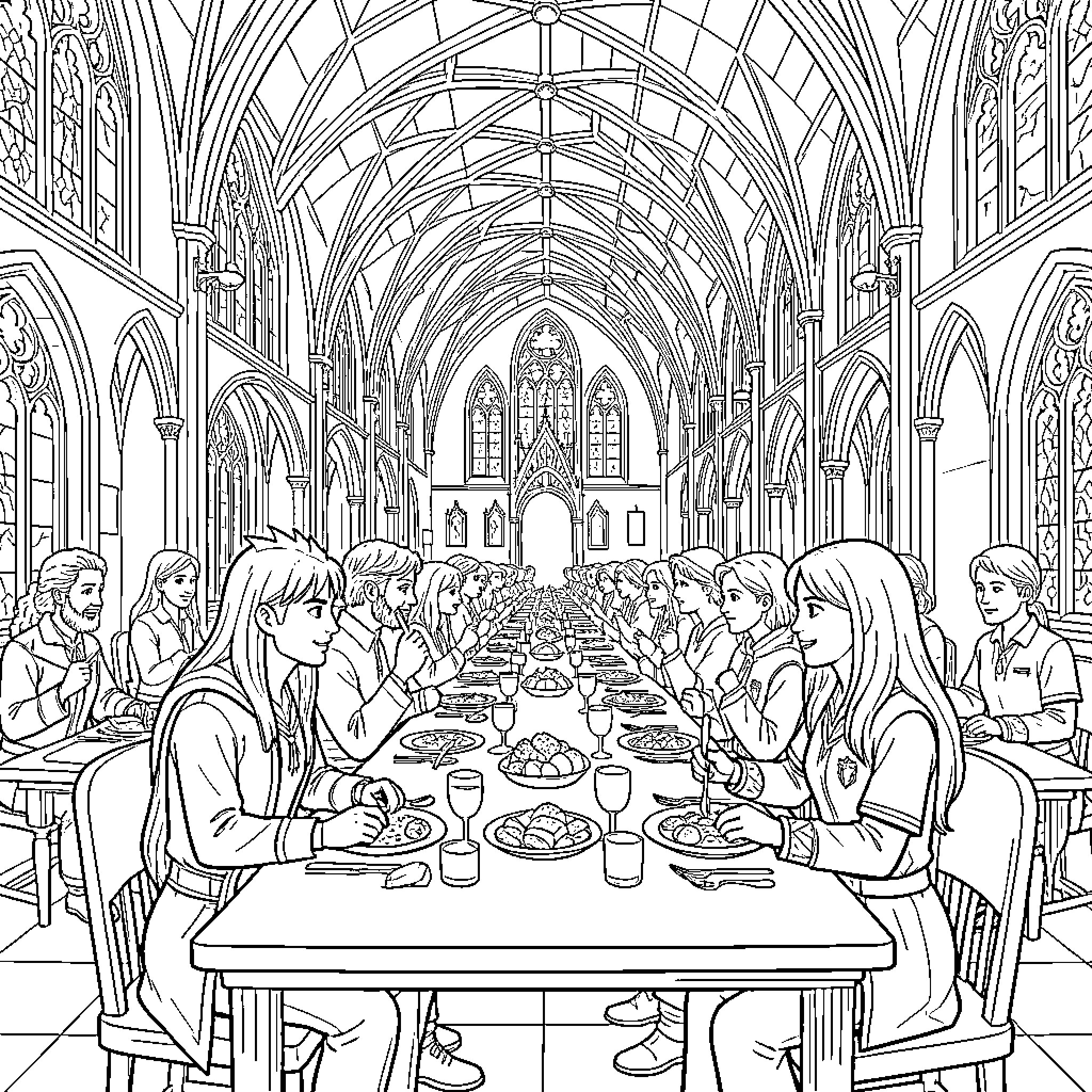 Draco and Hermione dining together in a grand hall Coloring Page (free black-and-white line drawing printable PDF for all, from beginners to advanced learners, including children, teens, adults, and seniors)