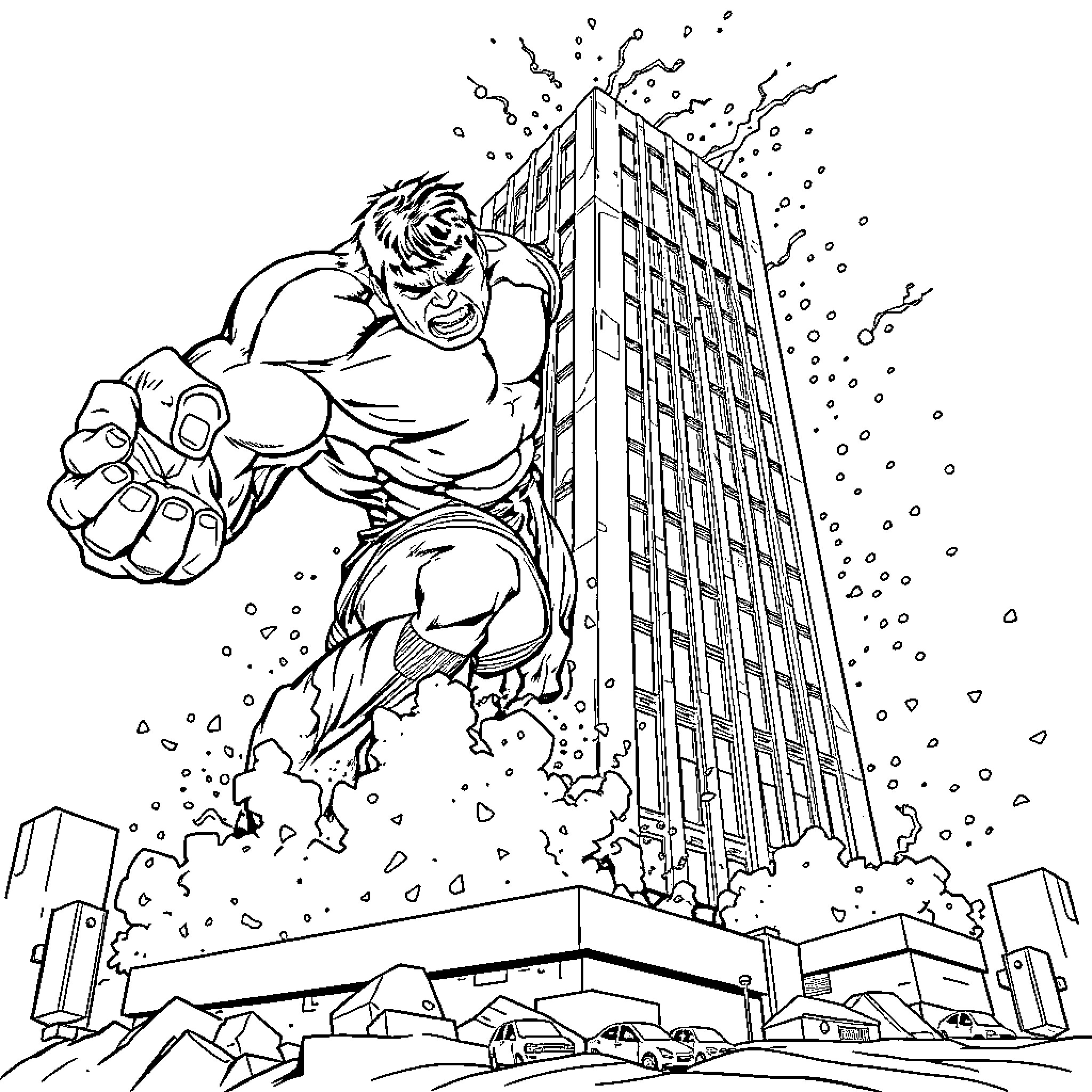 Hulk destroying skyscrapers in a city Coloring Page (free black-and-white line drawing printable PDF for all, from beginners to advanced learners, including children, teens, adults, and seniors)