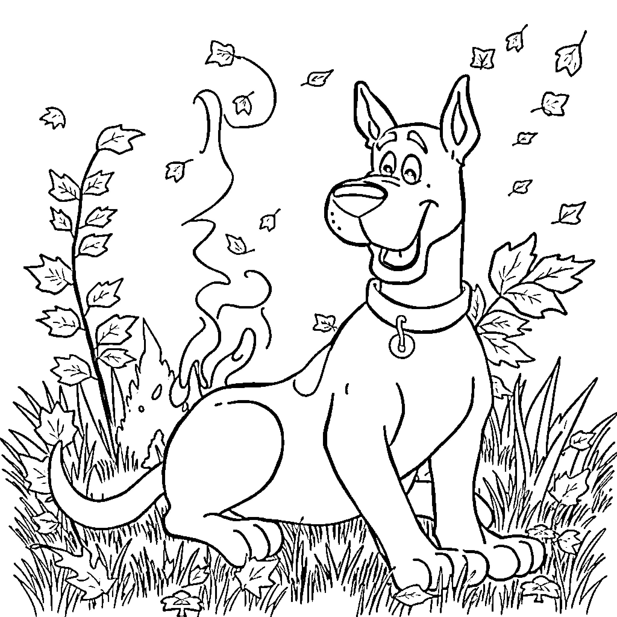 Scooby Doo exploring the autumn leaves and nature Coloring Page (free black-and-white line drawing printable PDF for all, from beginners to advanced learners, including children, teens, adults, and seniors)