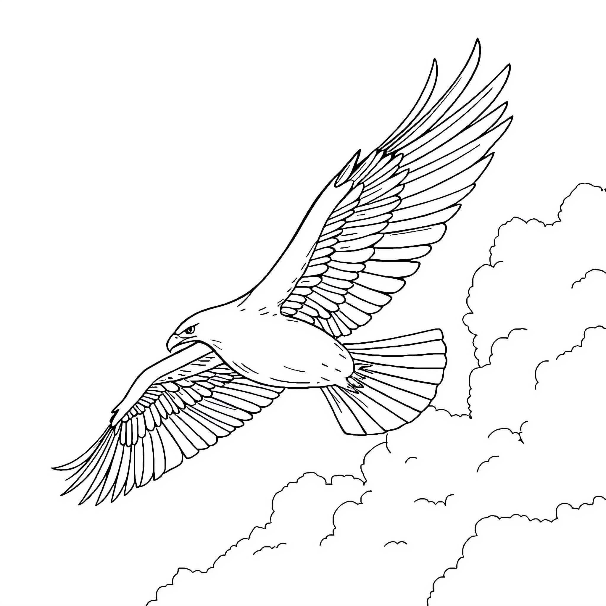 Wing of a soaring eagle in the clouds Coloring Page (free black-and-white line drawing printable PDF for all, from beginners to advanced learners, including children, teens, adults, and seniors)