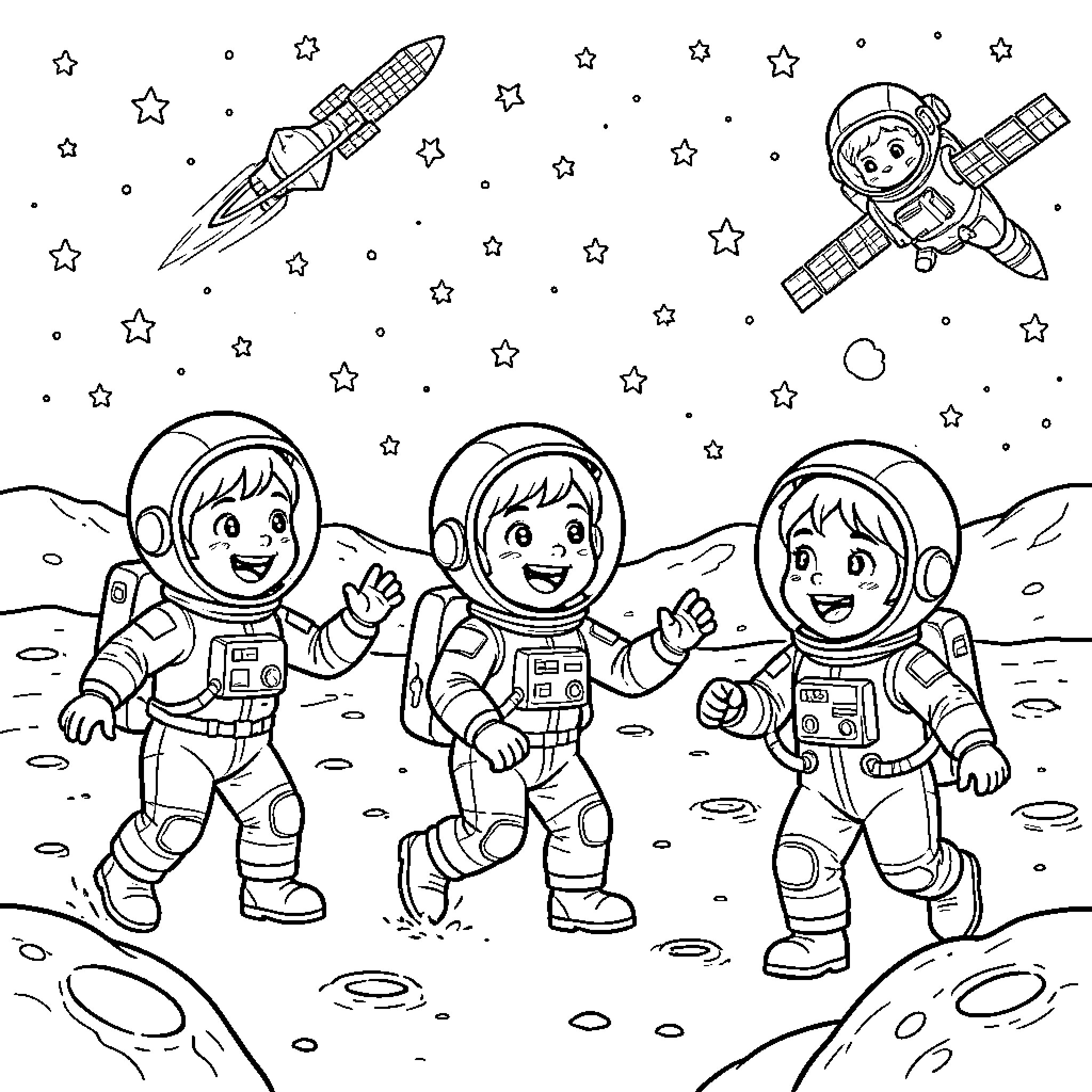 Astronauts exploring the lunar surface Coloring Page (free black-and-white line drawing printable PDF for all, from beginners to advanced learners, including children, teens, adults, and seniors)