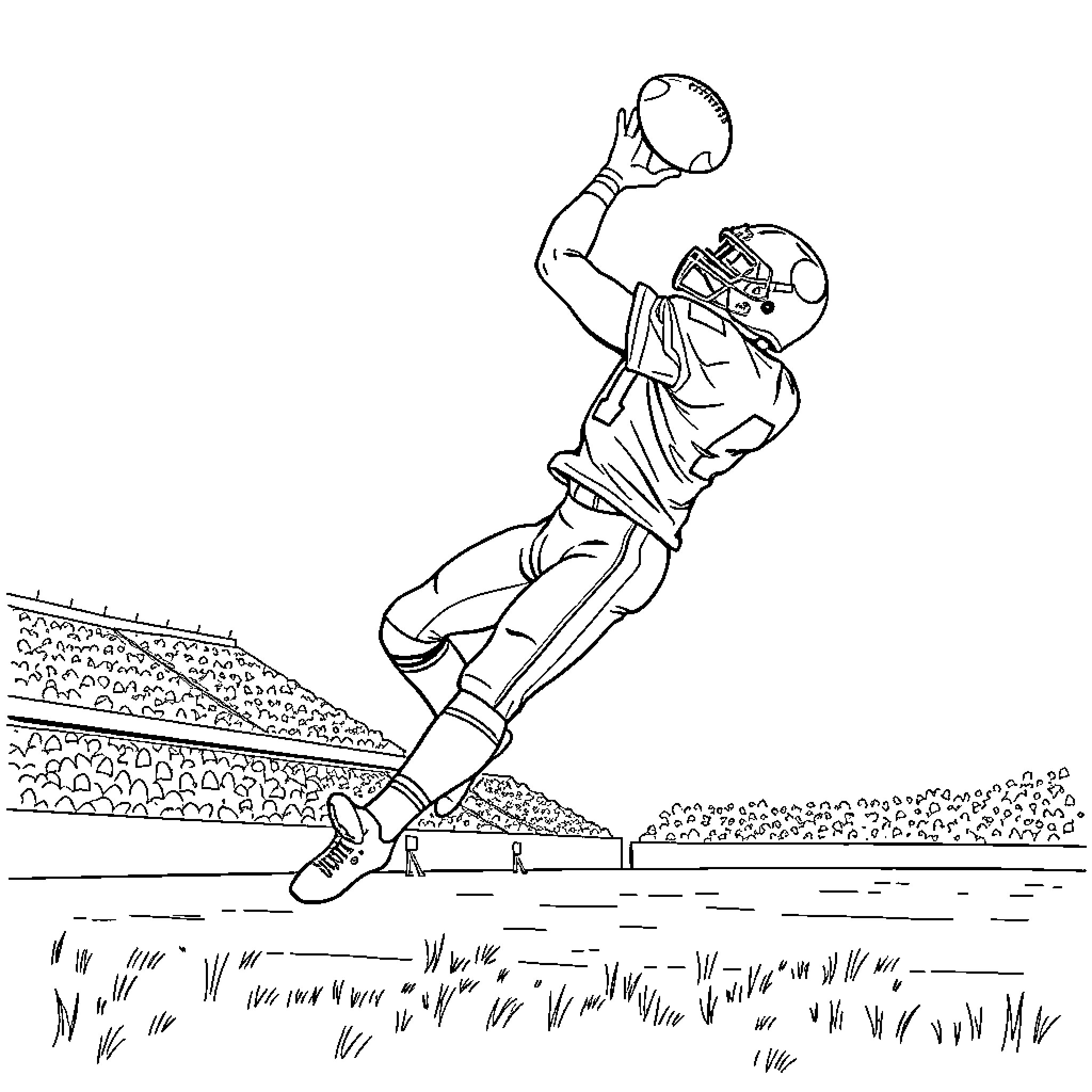 Football Player Catching a Pass on the Field Coloring Page (free black-and-white line drawing printable PDF for all, from beginners to advanced learners, including children, teens, adults, and seniors)