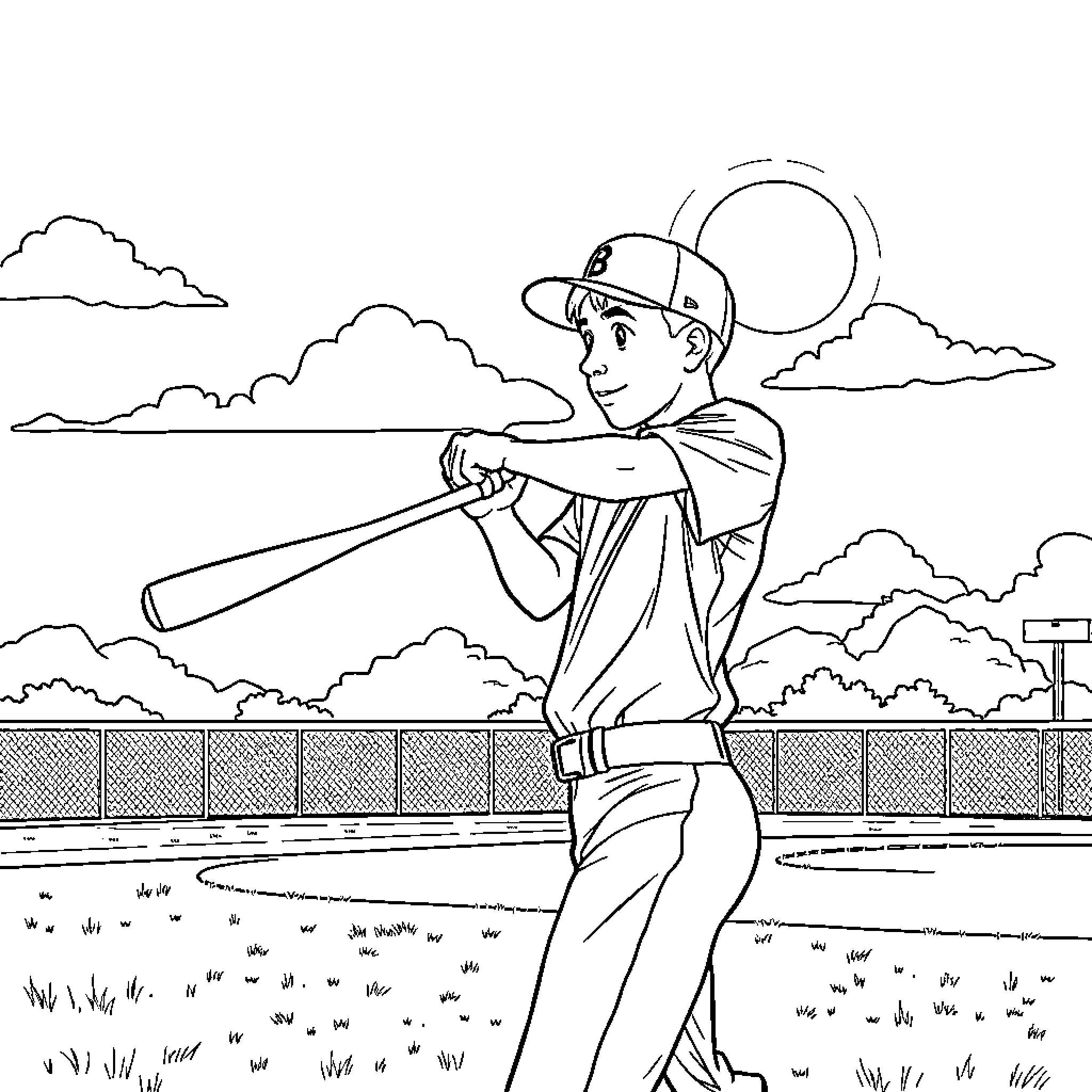 Sean playing baseball on the field Coloring Page (free black-and-white line drawing printable PDF for all, from beginners to advanced learners, including children, teens, adults, and seniors)