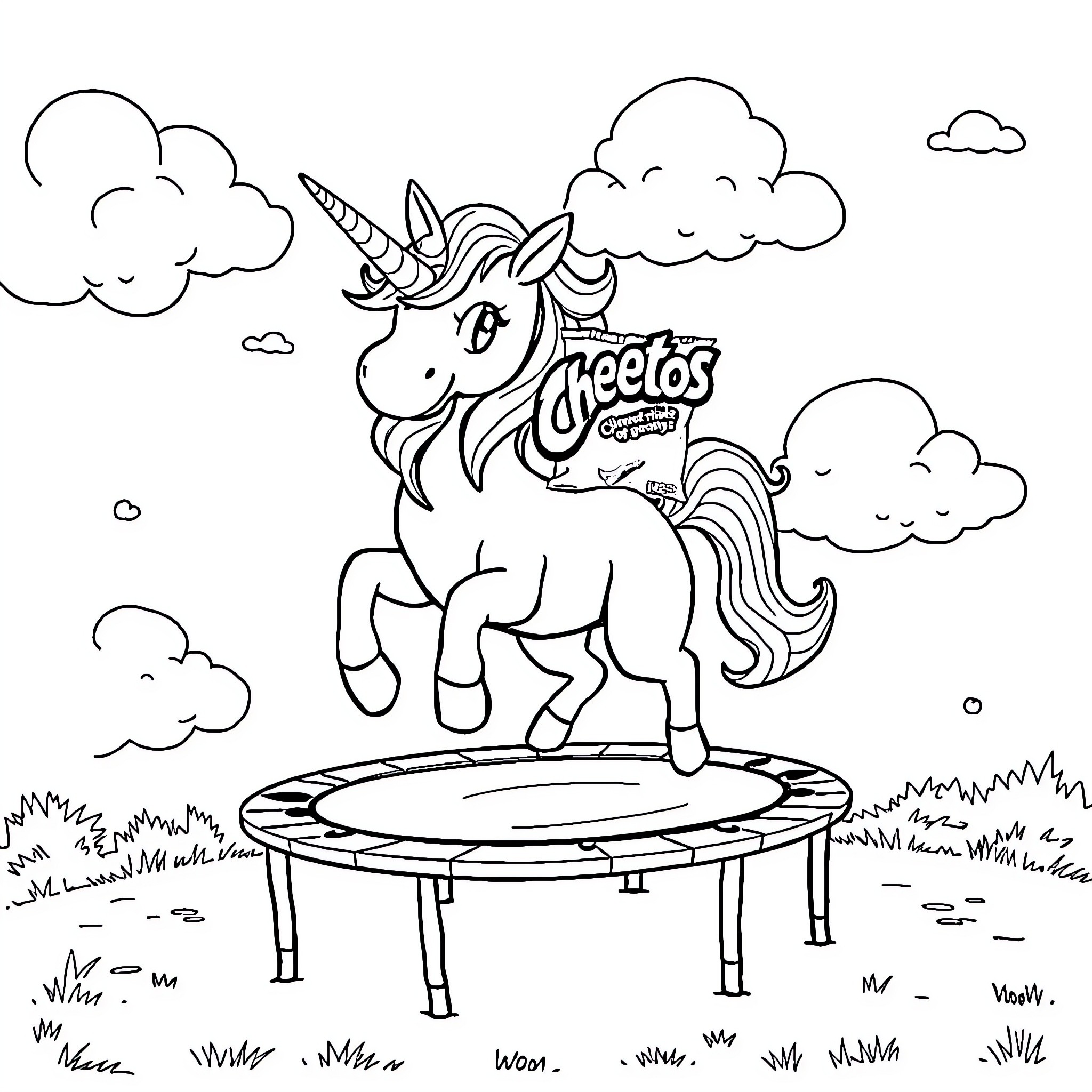 Unicorn Bouncing Joyfully on Trampoline Coloring Page (free black-and-white line drawing printable PDF for all, from beginners to advanced learners, including children, teens, adults, and seniors)