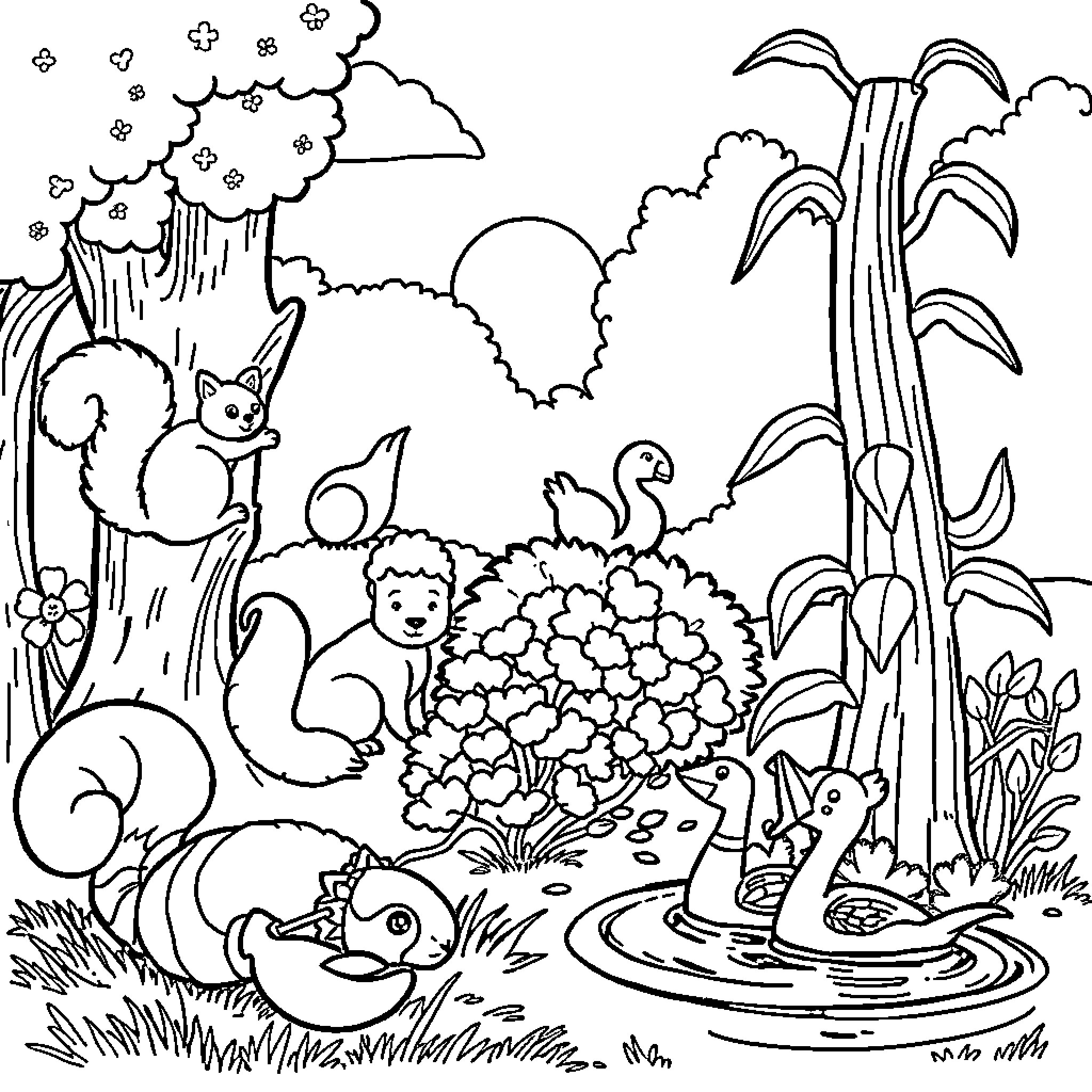 Lobster swimming in the whimsical forest pond Coloring Page (free black-and-white line drawing printable PDF for all, from beginners to advanced learners, including children, teens, adults, and seniors)