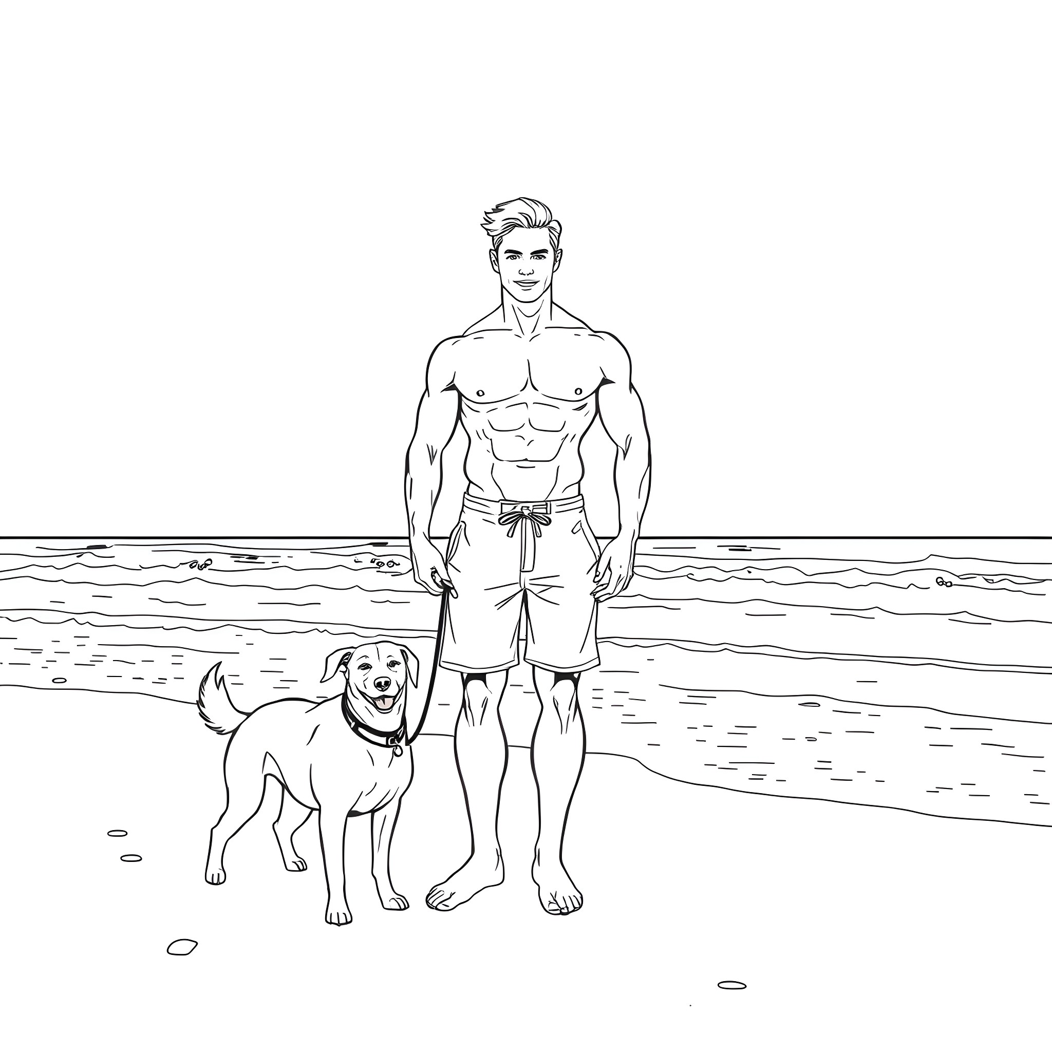 Man and his dog playing on the beach Coloring Page (free black-and-white line drawing printable PDF for all, from beginners to advanced learners, including children, teens, adults, and seniors)