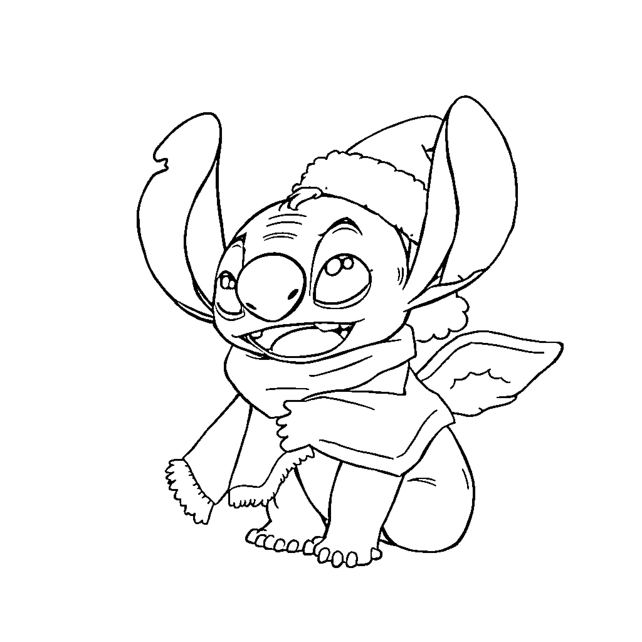 Angel Stitch Wears Winter Outfit and Smiles Coloring Page (free black-and-white line drawing printable PDF for all, from beginners to advanced learners, including children, teens, adults, and seniors)