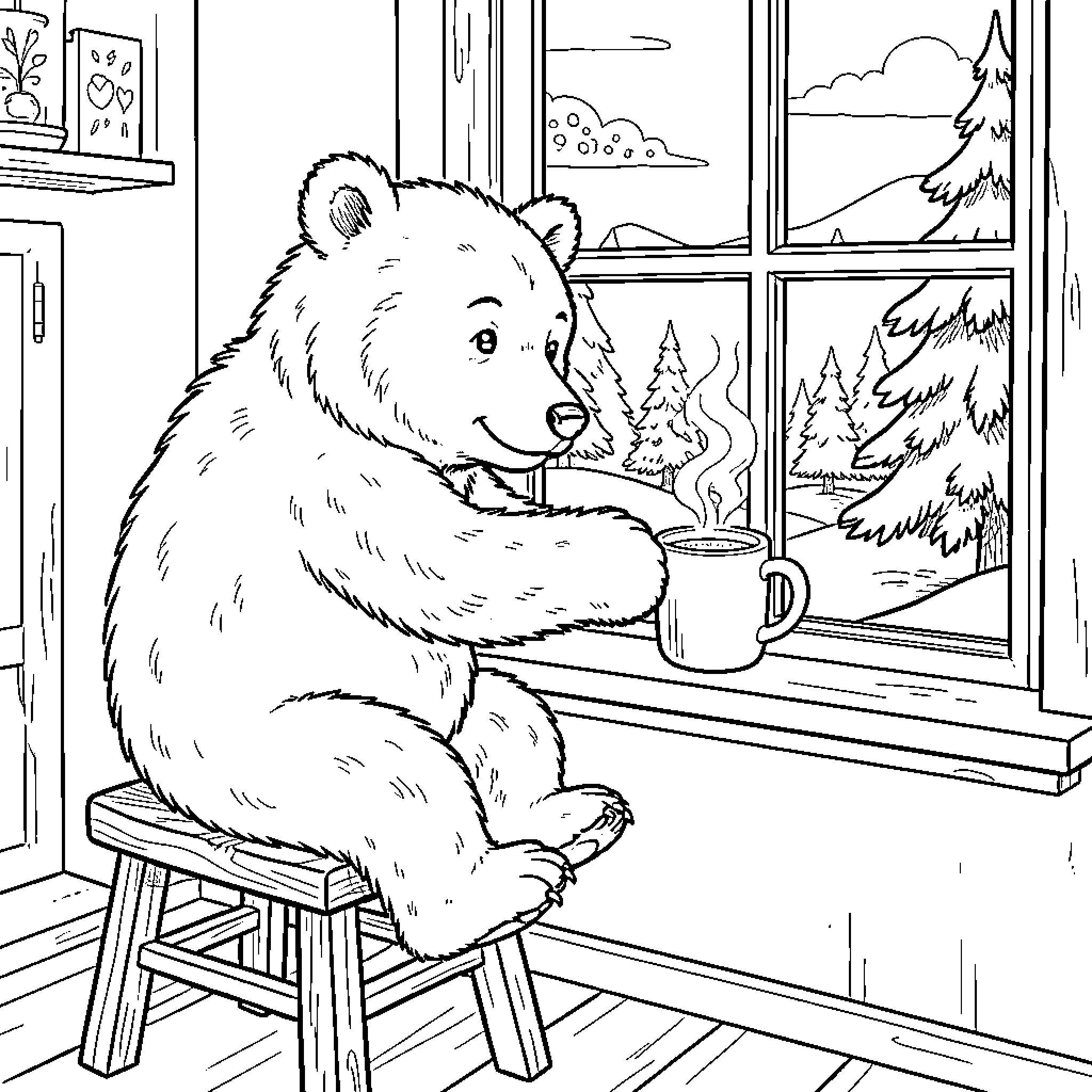 Bear drinking hot beverage by the window Coloring Page (free black-and-white line drawing printable PDF for all, from beginners to advanced learners, including children, teens, adults, and seniors)