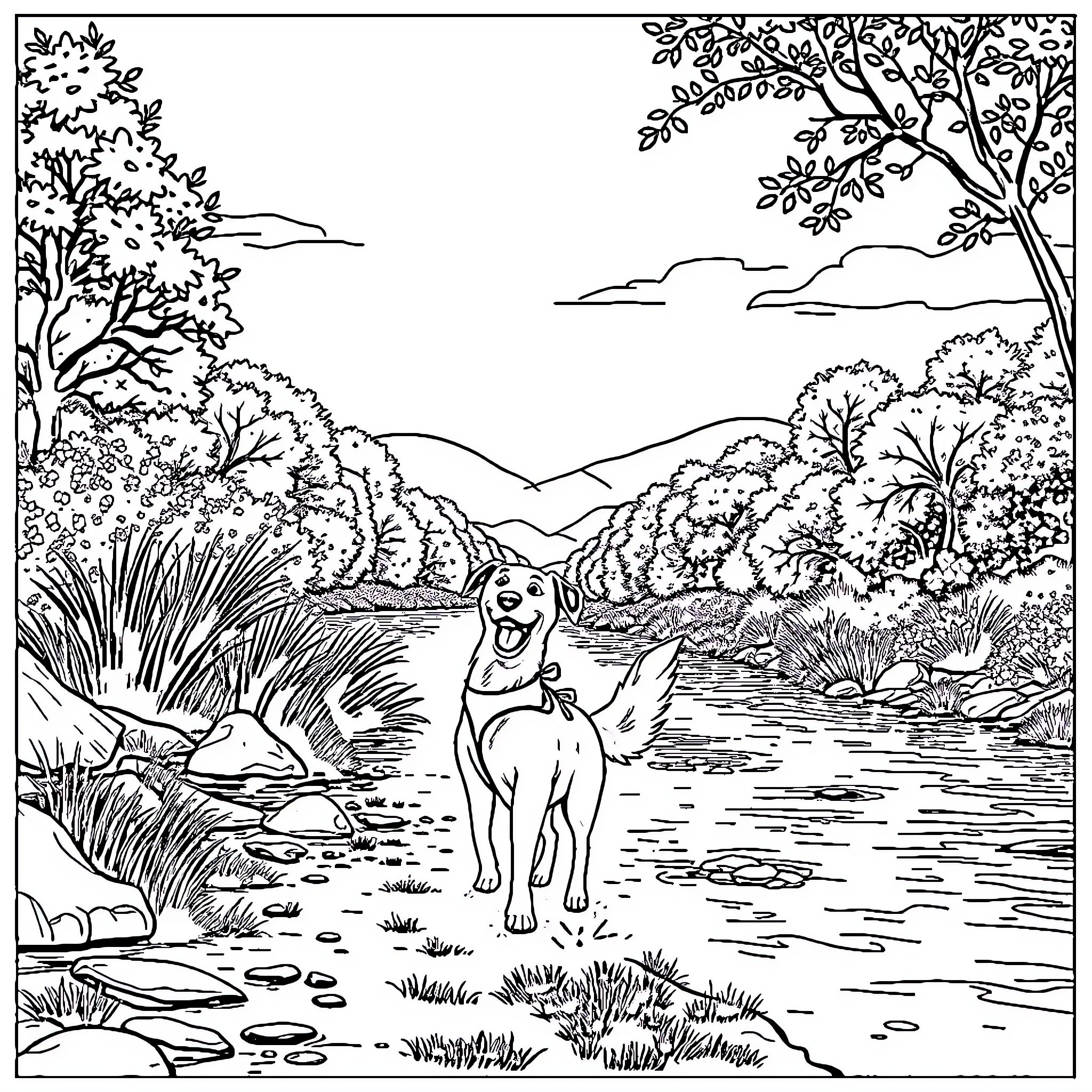 Chien playing joyfully by the riverbank Coloring Page (free black-and-white line drawing printable PDF for all, from beginners to advanced learners, including children, teens, adults, and seniors)