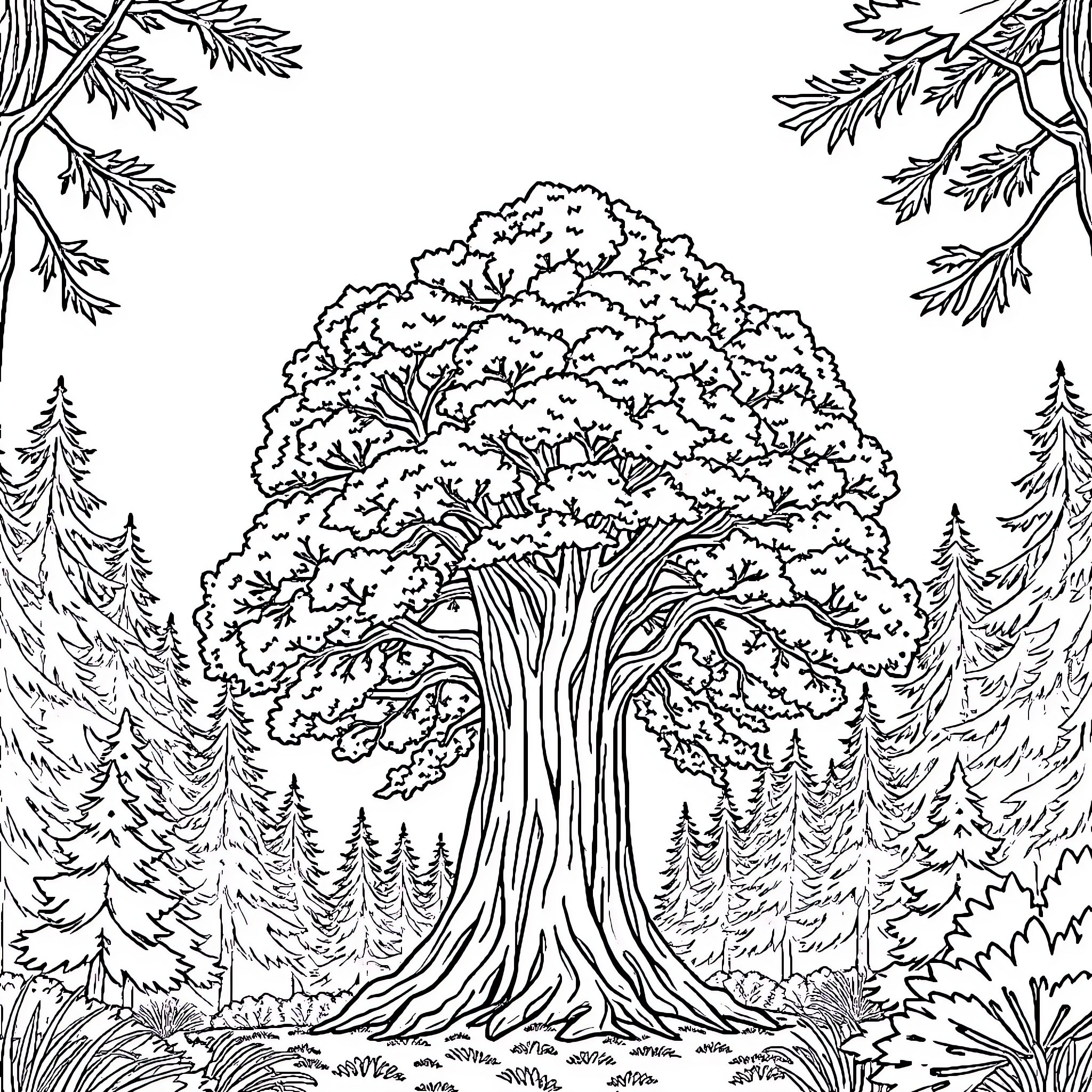 Sapi's Enchanting Forest Scenery Coloring Page (free black-and-white line drawing printable PDF for all, from beginners to advanced learners, including children, teens, adults, and seniors)