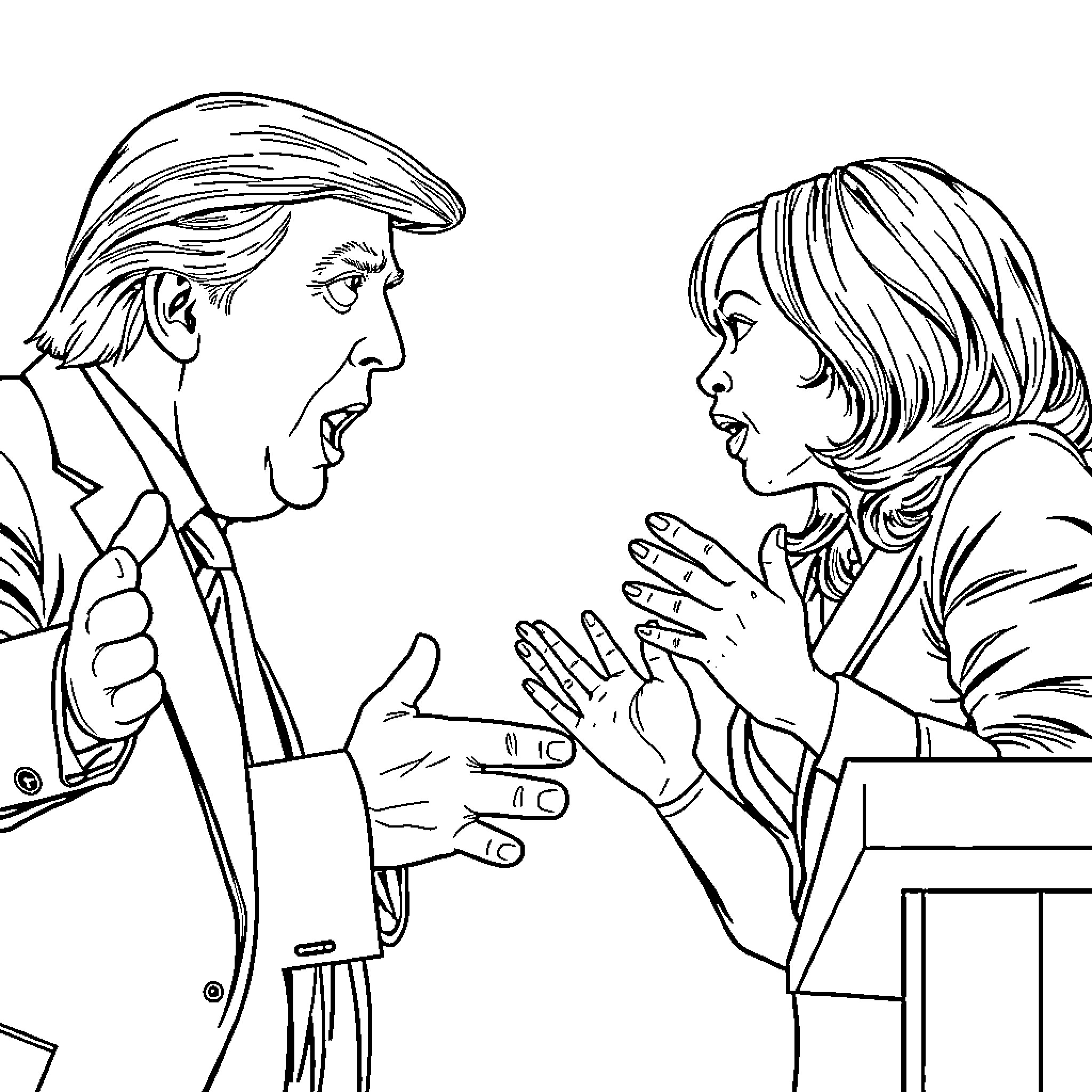 Donald Trump in heated discussion with woman Coloring Page (free black-and-white line drawing printable PDF for all, from beginners to advanced learners, including children, teens, adults, and seniors)