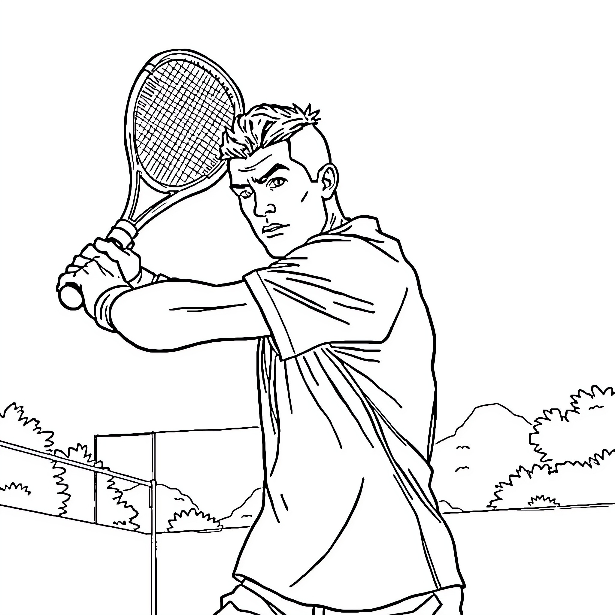 Ronaldo's Tennis Moment on the Court Coloring Page (free black-and-white line drawing printable PDF for all, from beginners to advanced learners, including children, teens, adults, and seniors)