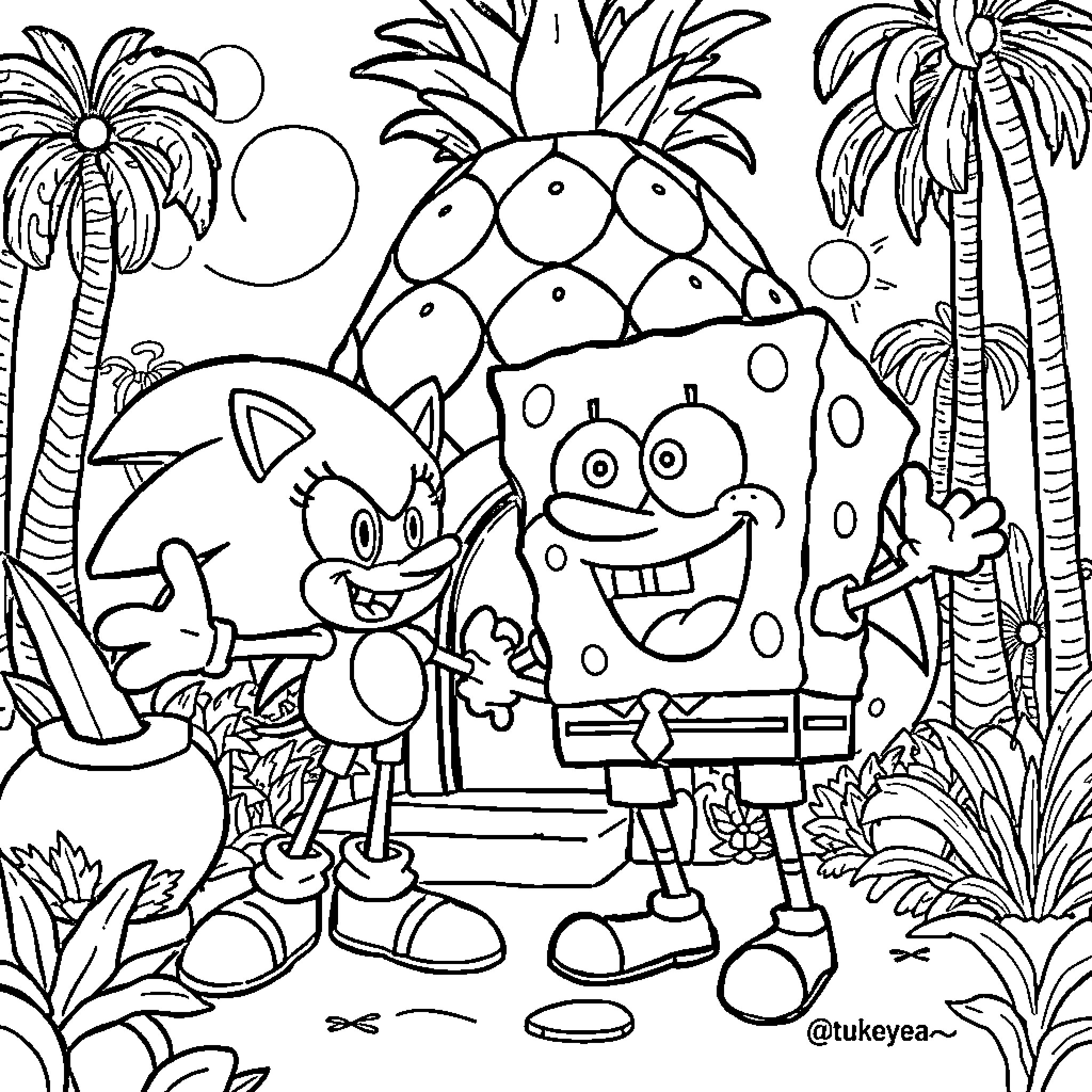Spongebob and Sonic enjoying a tropical adventure Coloring Page (free black-and-white line drawing printable PDF for all, from beginners to advanced learners, including children, teens, adults, and seniors)