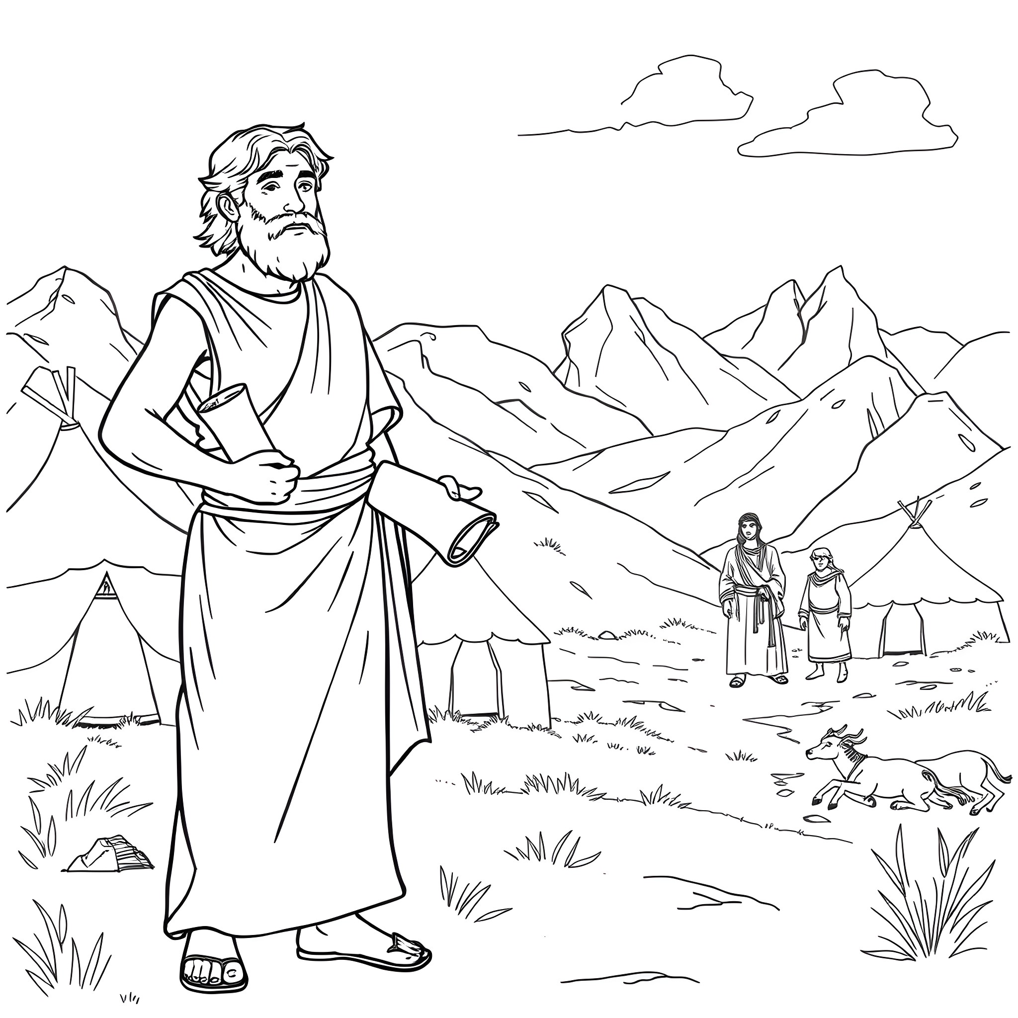 Jacob's Journey Through the Mountains Coloring Page (free black-and-white line drawing printable PDF for all, from beginners to advanced learners, including children, teens, adults, and seniors)