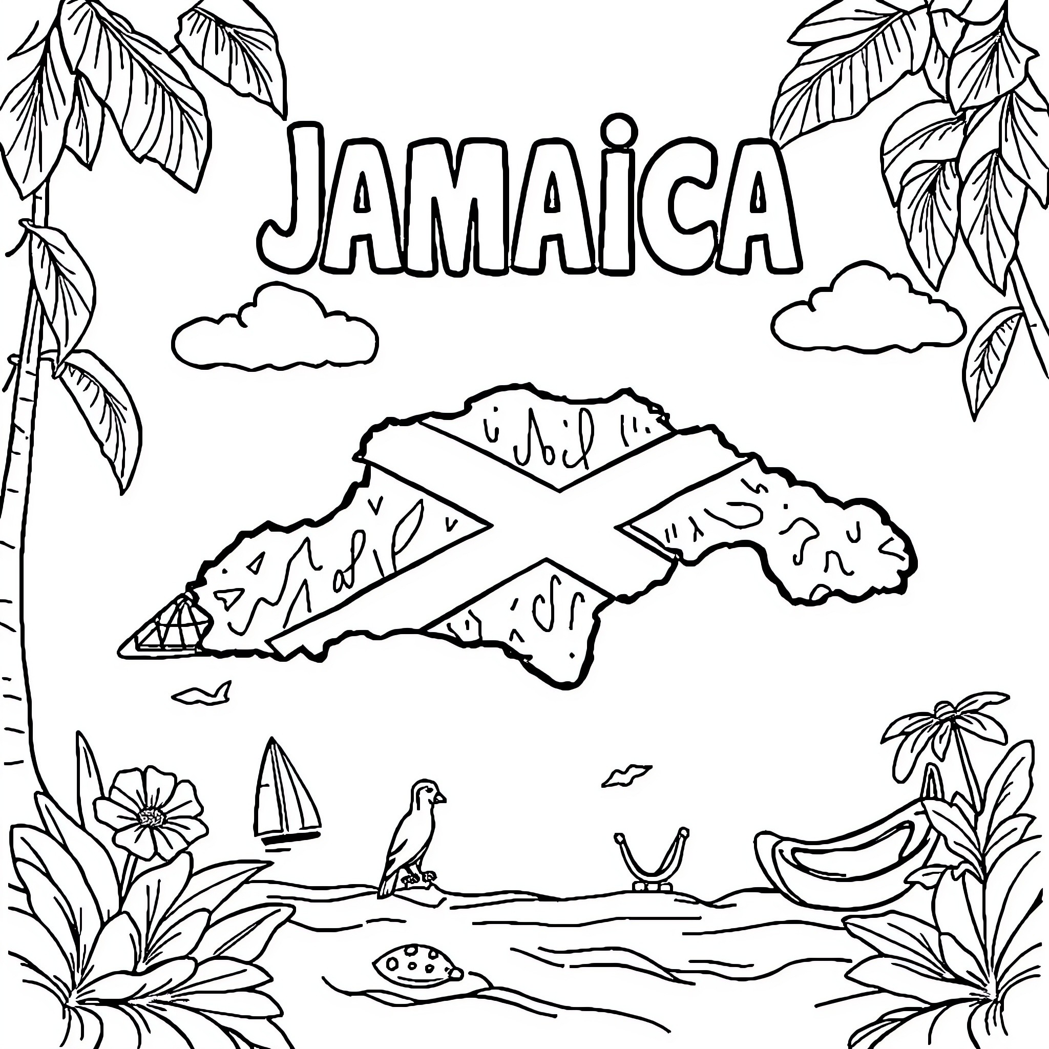 Jamaican tropical island scenery with palm trees Coloring Page (free black-and-white line drawing printable PDF for all, from beginners to advanced learners, including children, teens, adults, and seniors)
